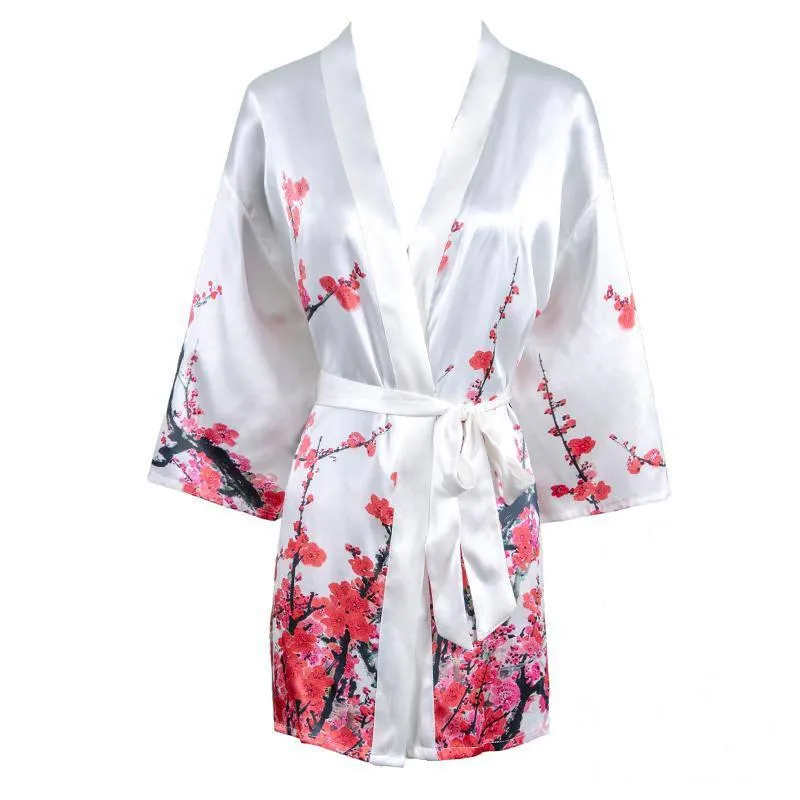 100% Mulberry Silk Kimono Robe Plum Blossom Printing Short Silk Robe