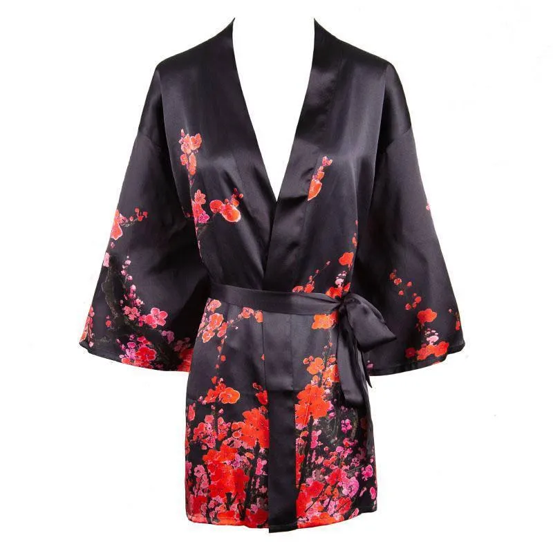 100% Mulberry Silk Kimono Robe Plum Blossom Printing Short Silk Robe