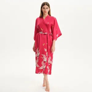 100% Pure Silk Kimono Robe For Women Long Sleeves Silk Robe White crane prints Bathrobe