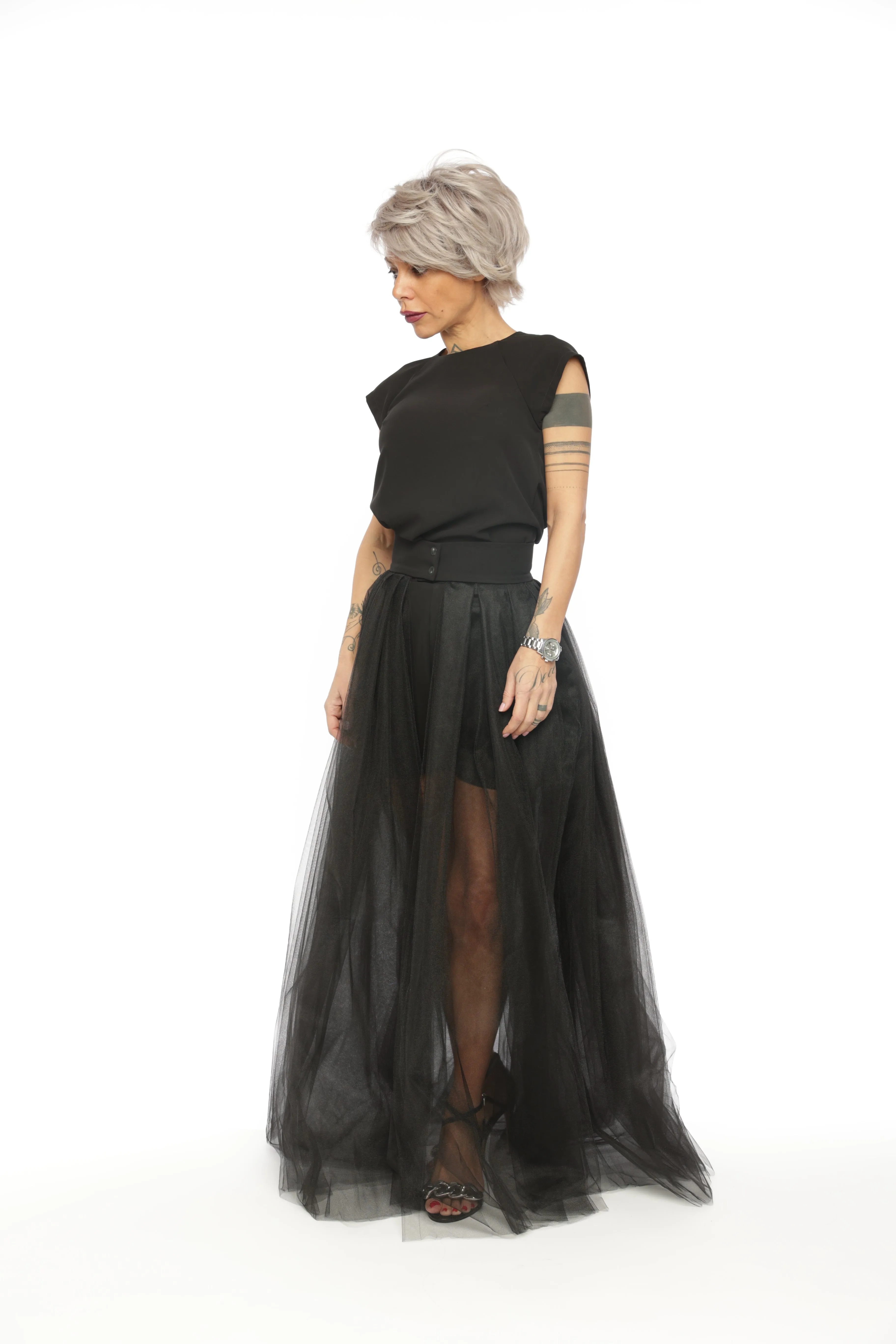 3-Piece Open-Back Top, High-Waisted Shorts and Tulle Skirt Co-Ord Set in Black