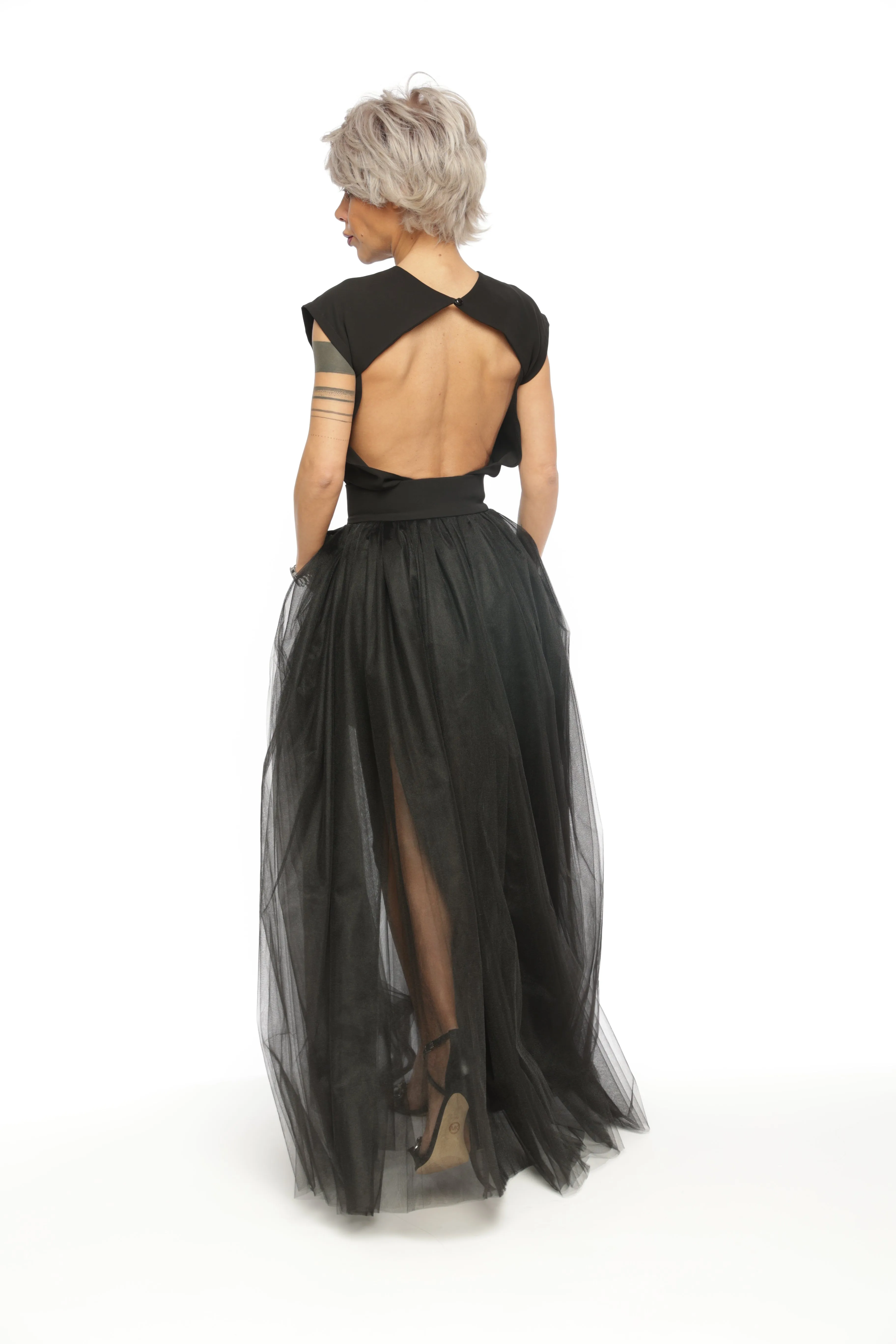 3-Piece Open-Back Top, High-Waisted Shorts and Tulle Skirt Co-Ord Set in Black