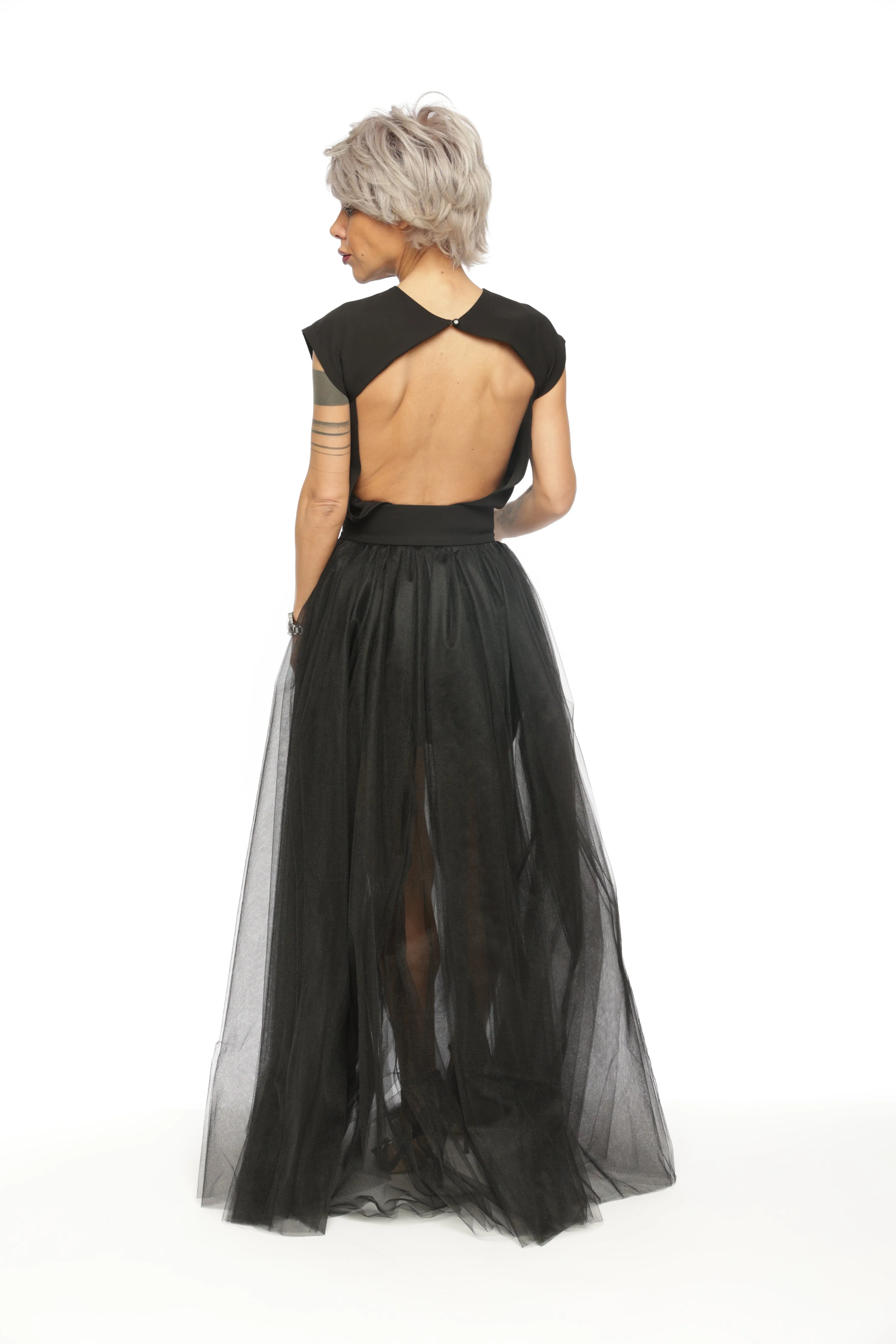 3-Piece Open-Back Top, High-Waisted Shorts and Tulle Skirt Co-Ord Set in Black