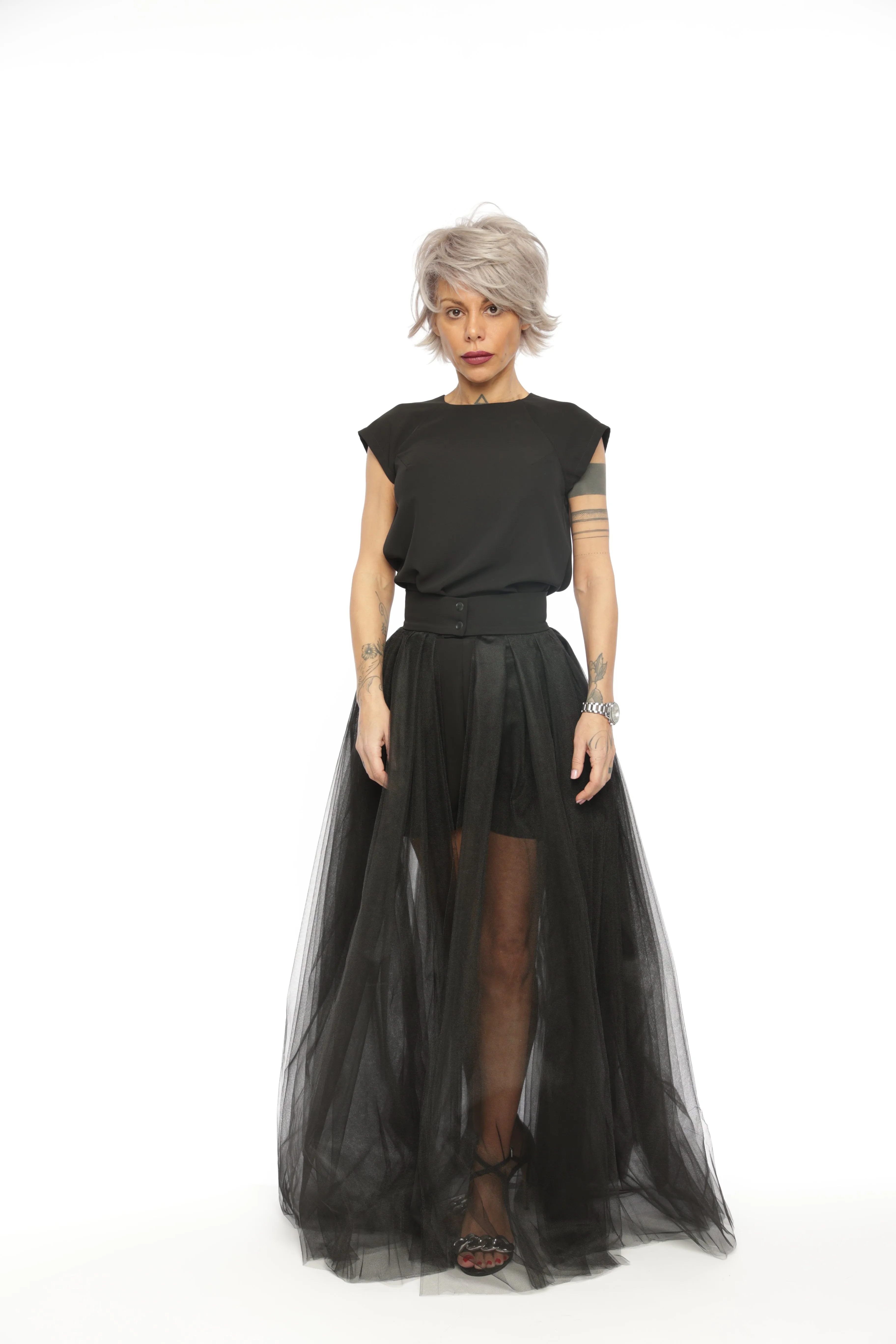 3-Piece Open-Back Top, High-Waisted Shorts and Tulle Skirt Co-Ord Set in Black