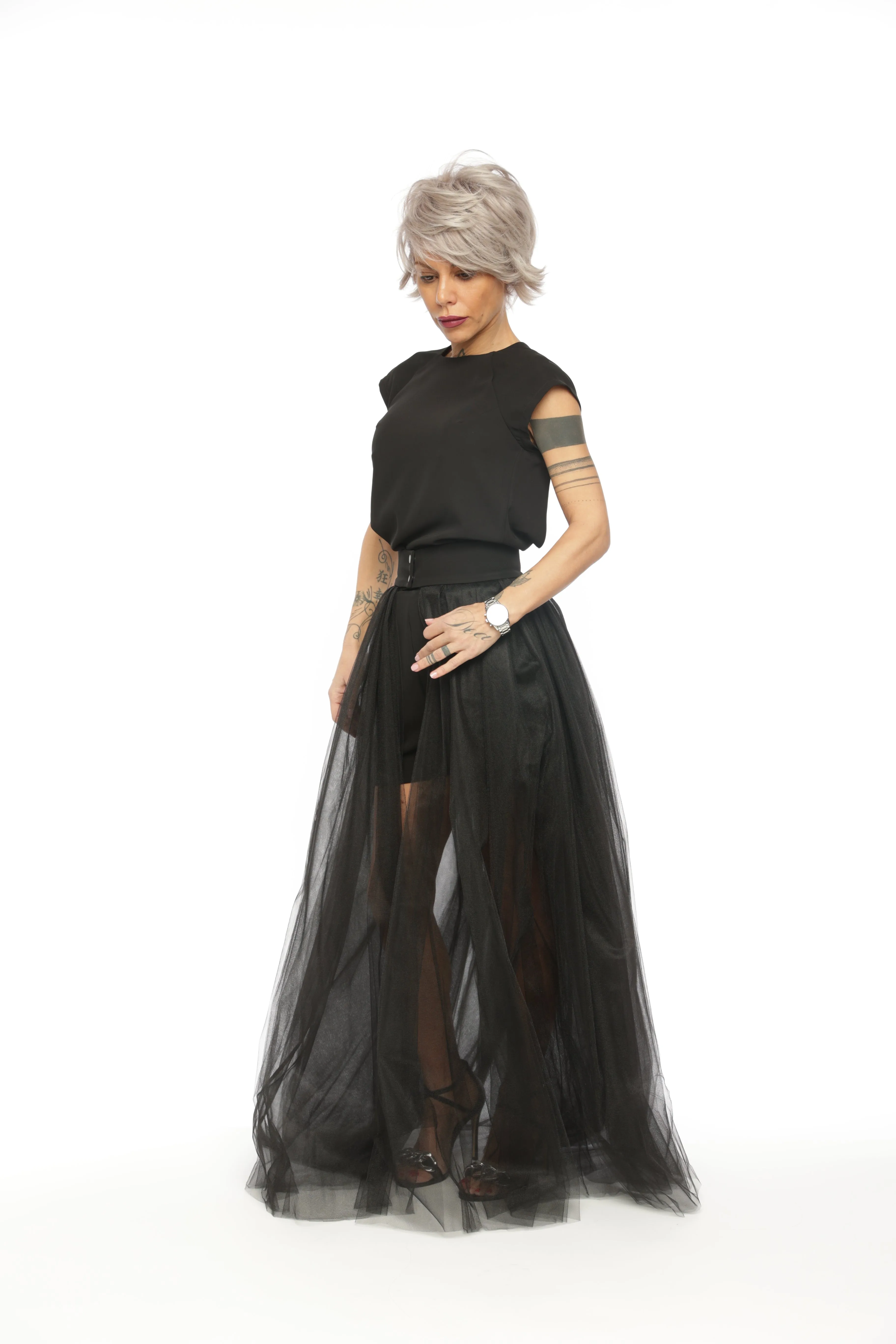 3-Piece Open-Back Top, High-Waisted Shorts and Tulle Skirt Co-Ord Set in Black