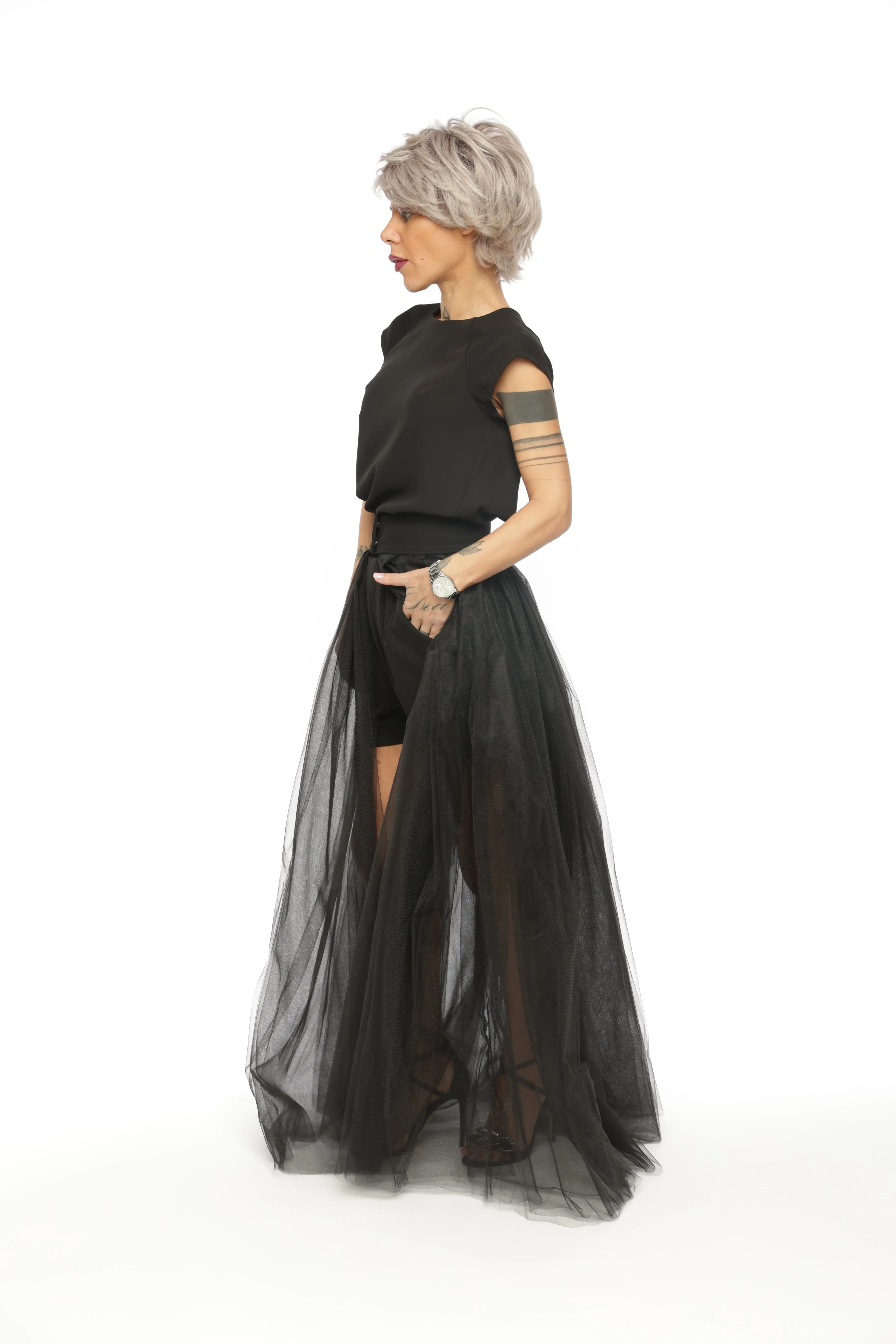 3-Piece Open-Back Top, High-Waisted Shorts and Tulle Skirt Co-Ord Set in Black