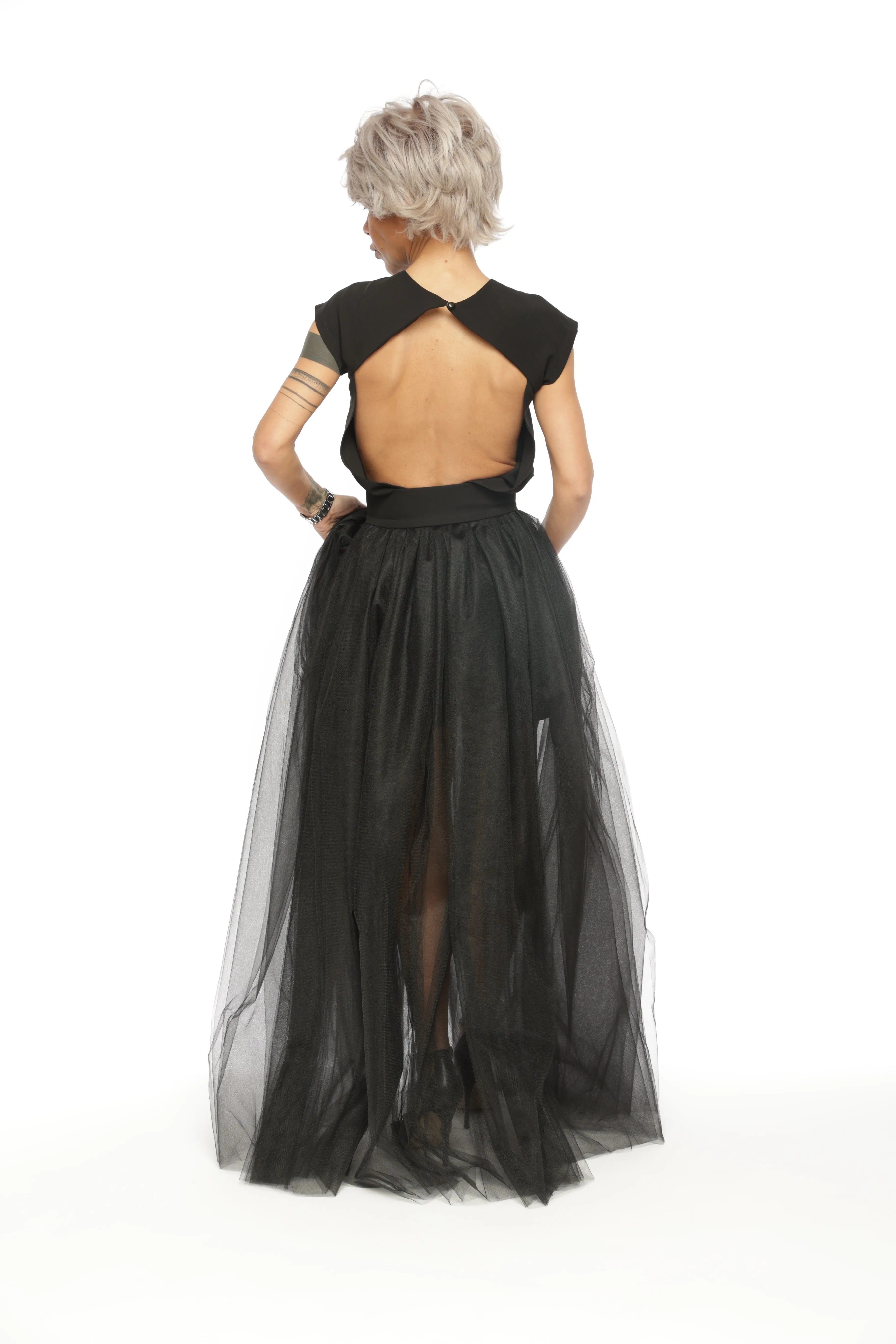 3-Piece Open-Back Top, High-Waisted Shorts and Tulle Skirt Co-Ord Set in Black