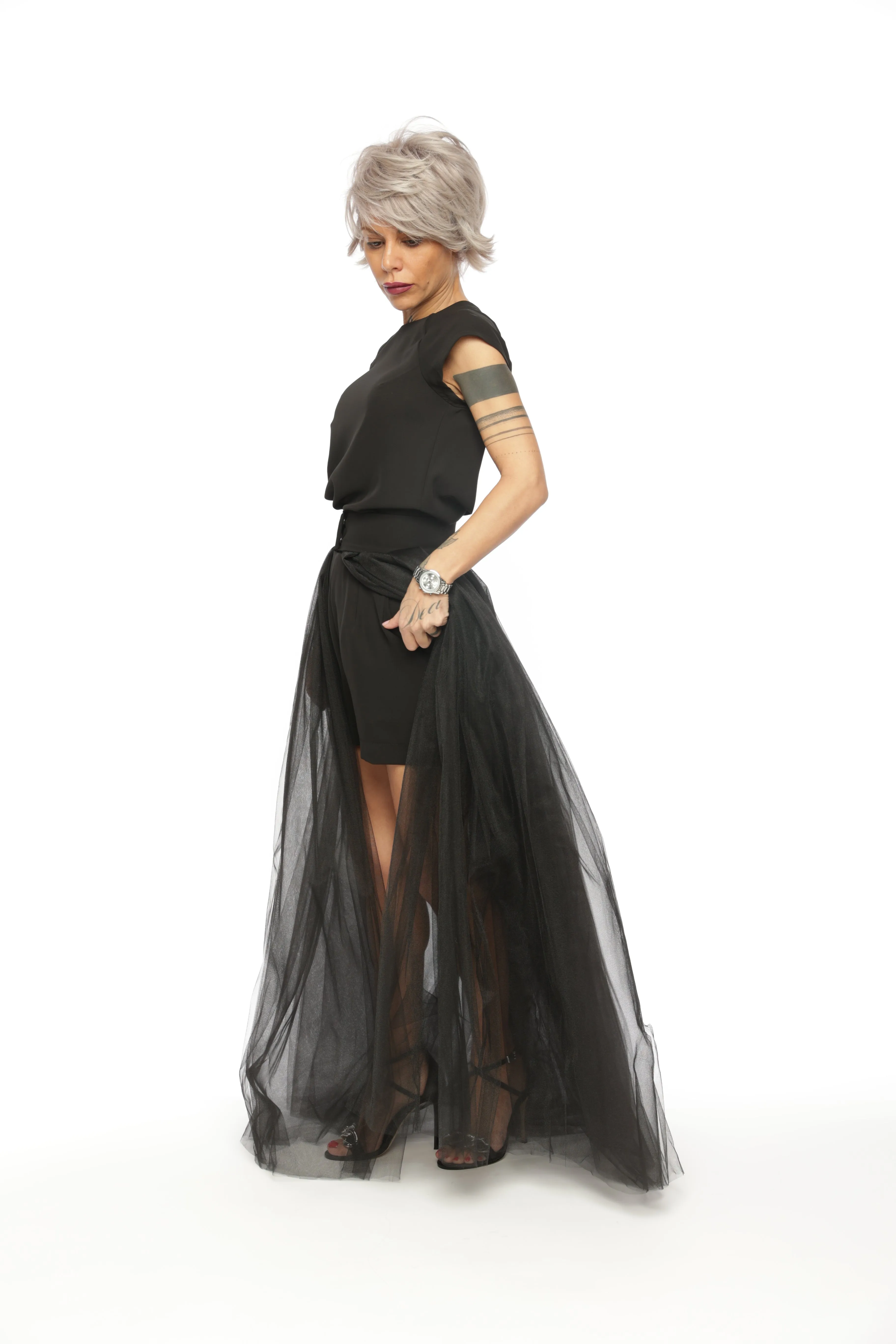 3-Piece Open-Back Top, High-Waisted Shorts and Tulle Skirt Co-Ord Set in Black