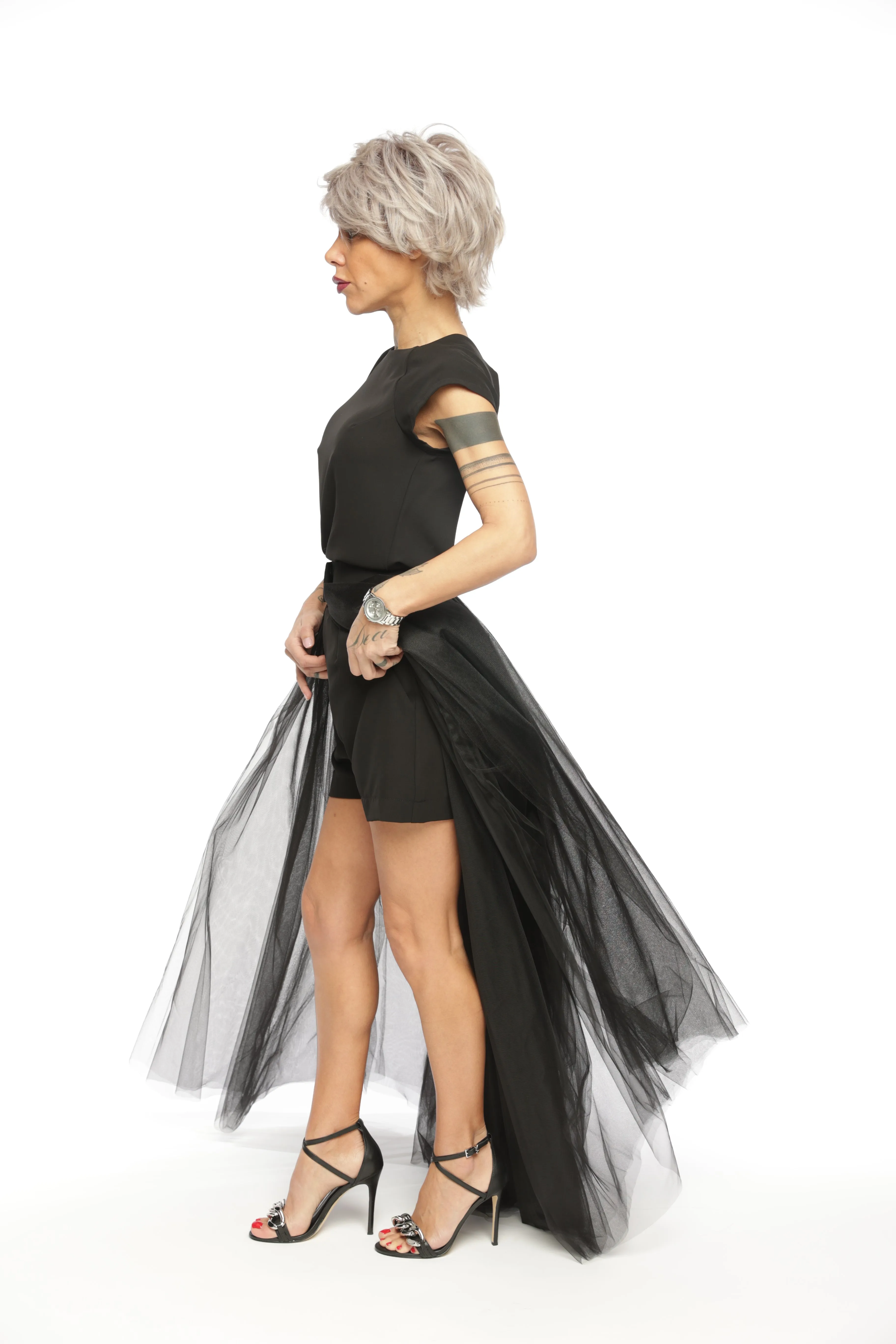 3-Piece Open-Back Top, High-Waisted Shorts and Tulle Skirt Co-Ord Set in Black