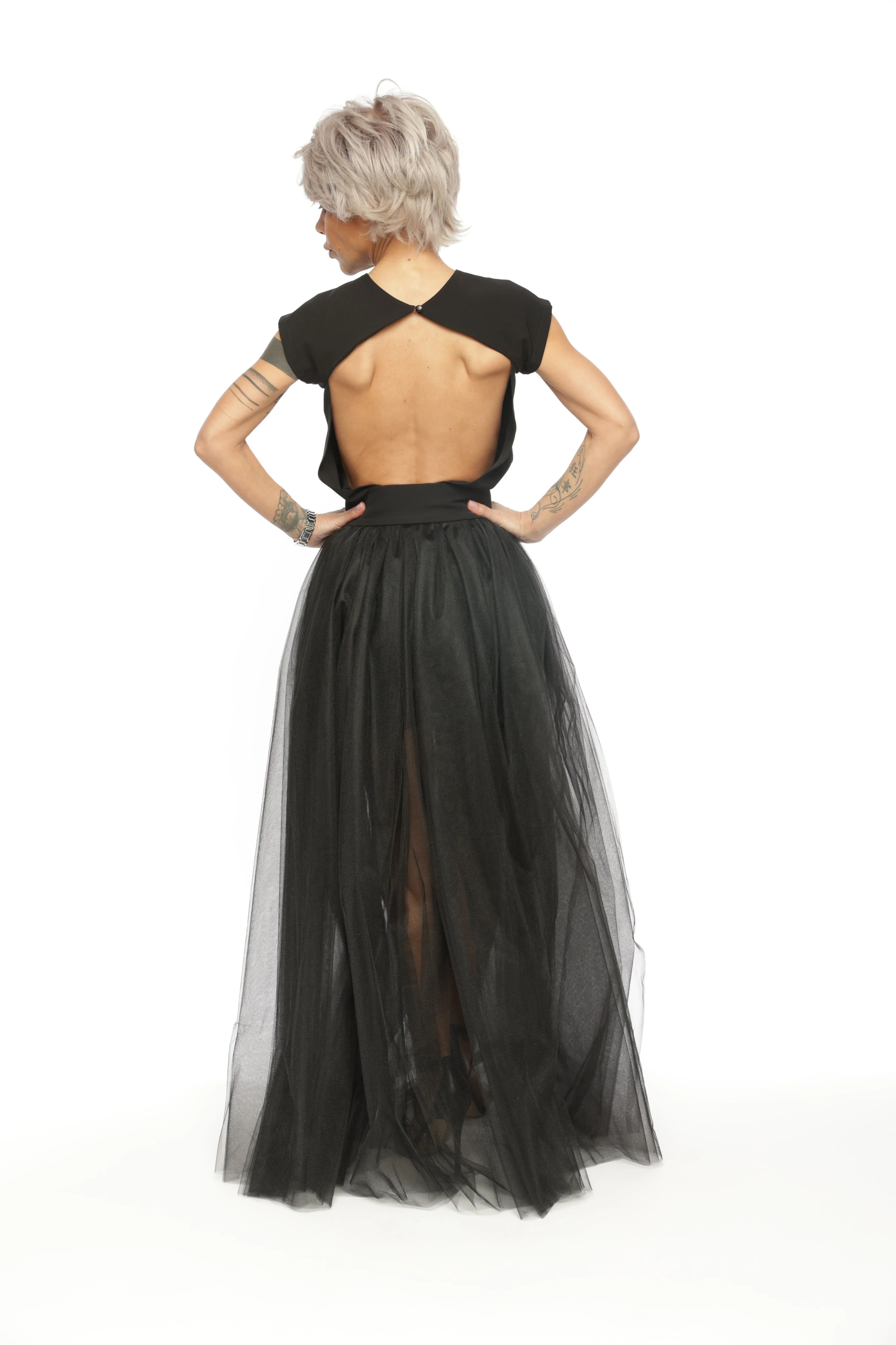 3-Piece Open-Back Top, High-Waisted Shorts and Tulle Skirt Co-Ord Set in Black