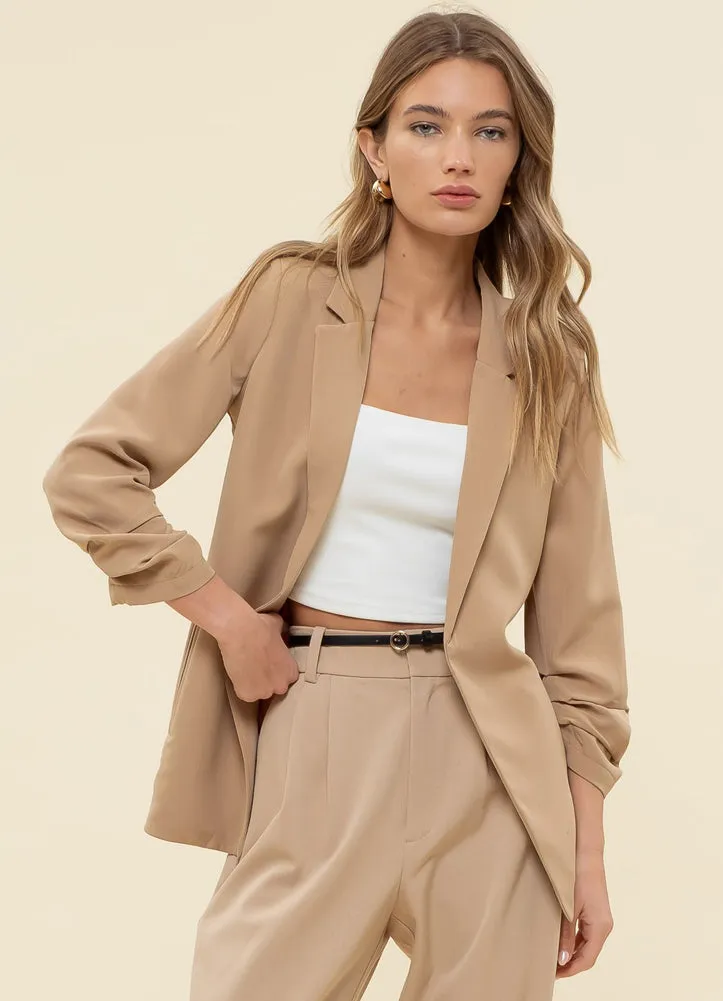 3/4 Ruched Sleeve Blazer in Khaki by Blu Pepper