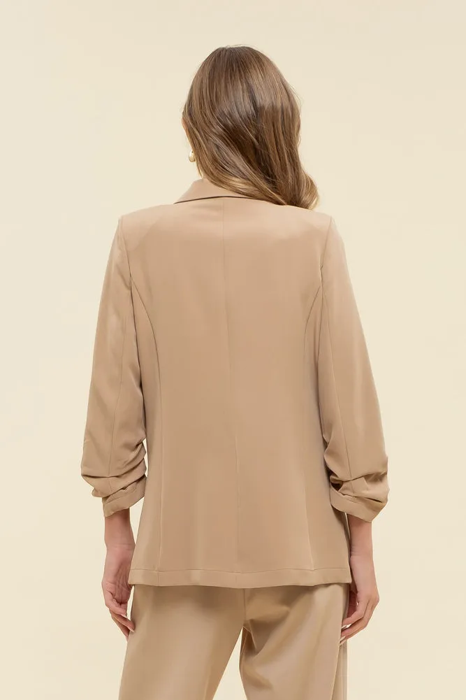 3/4 Ruched Sleeve Blazer in Khaki by Blu Pepper