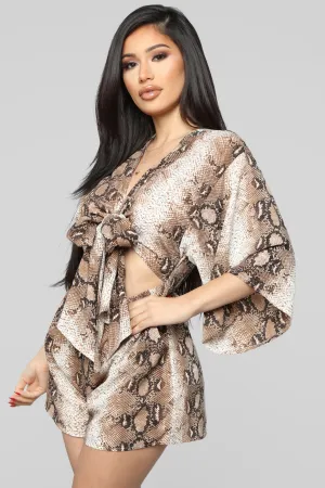 A Lil Snakey Snake Print Romper - Brown