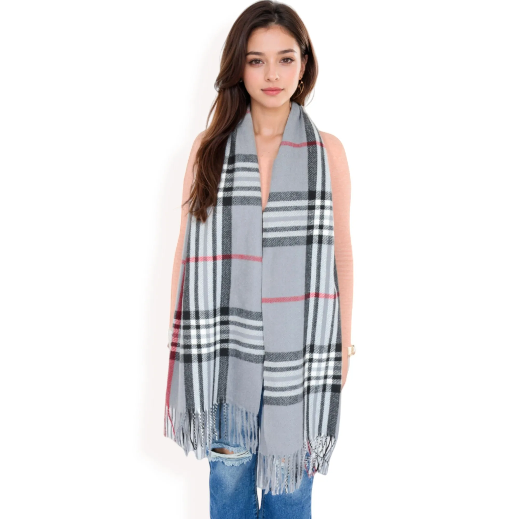 Anna-Kaci Women's Plaid Pattern Scarf with Fringed Edges and Soft Lightweight Material for Year-Round Use