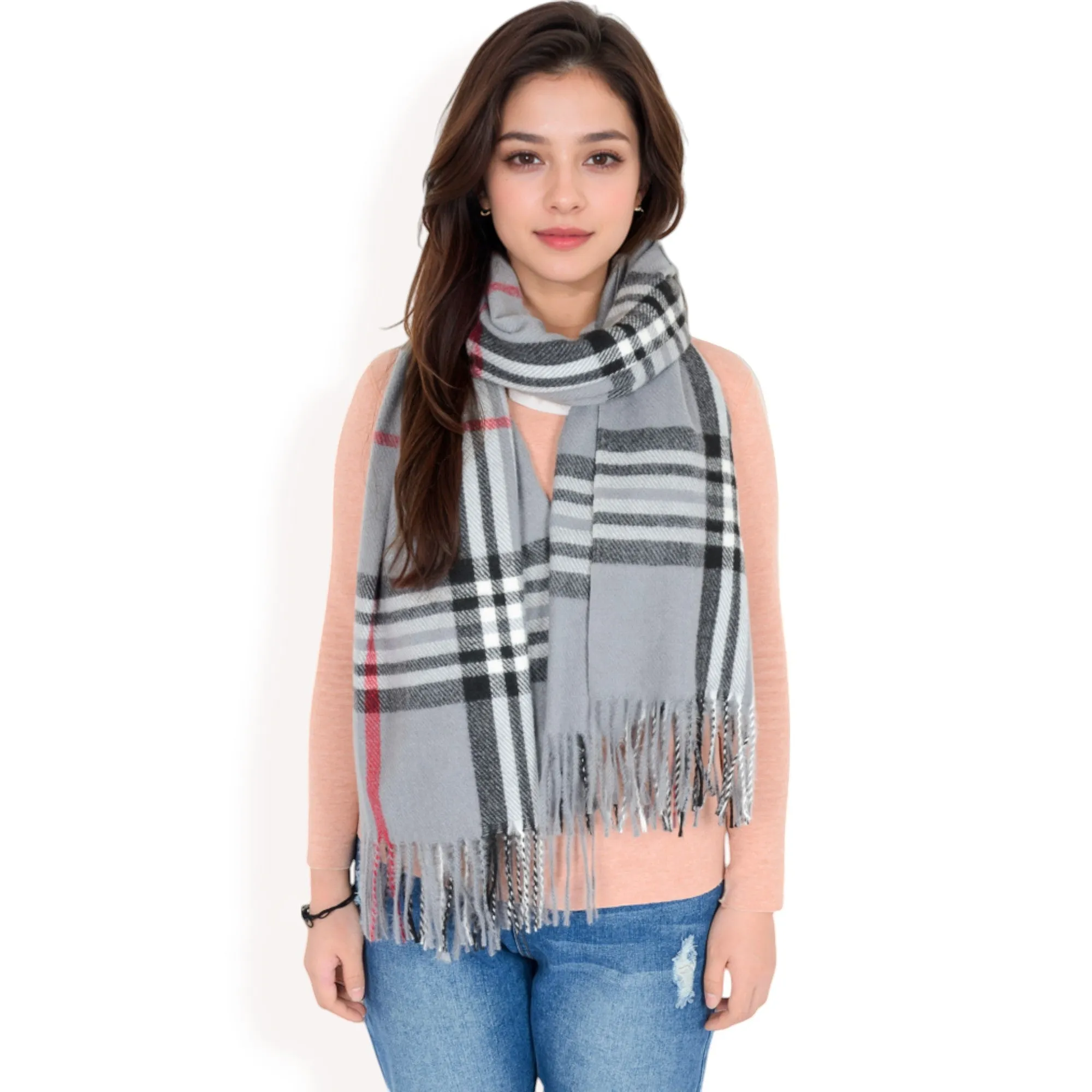 Anna-Kaci Women's Plaid Pattern Scarf with Fringed Edges and Soft Lightweight Material for Year-Round Use