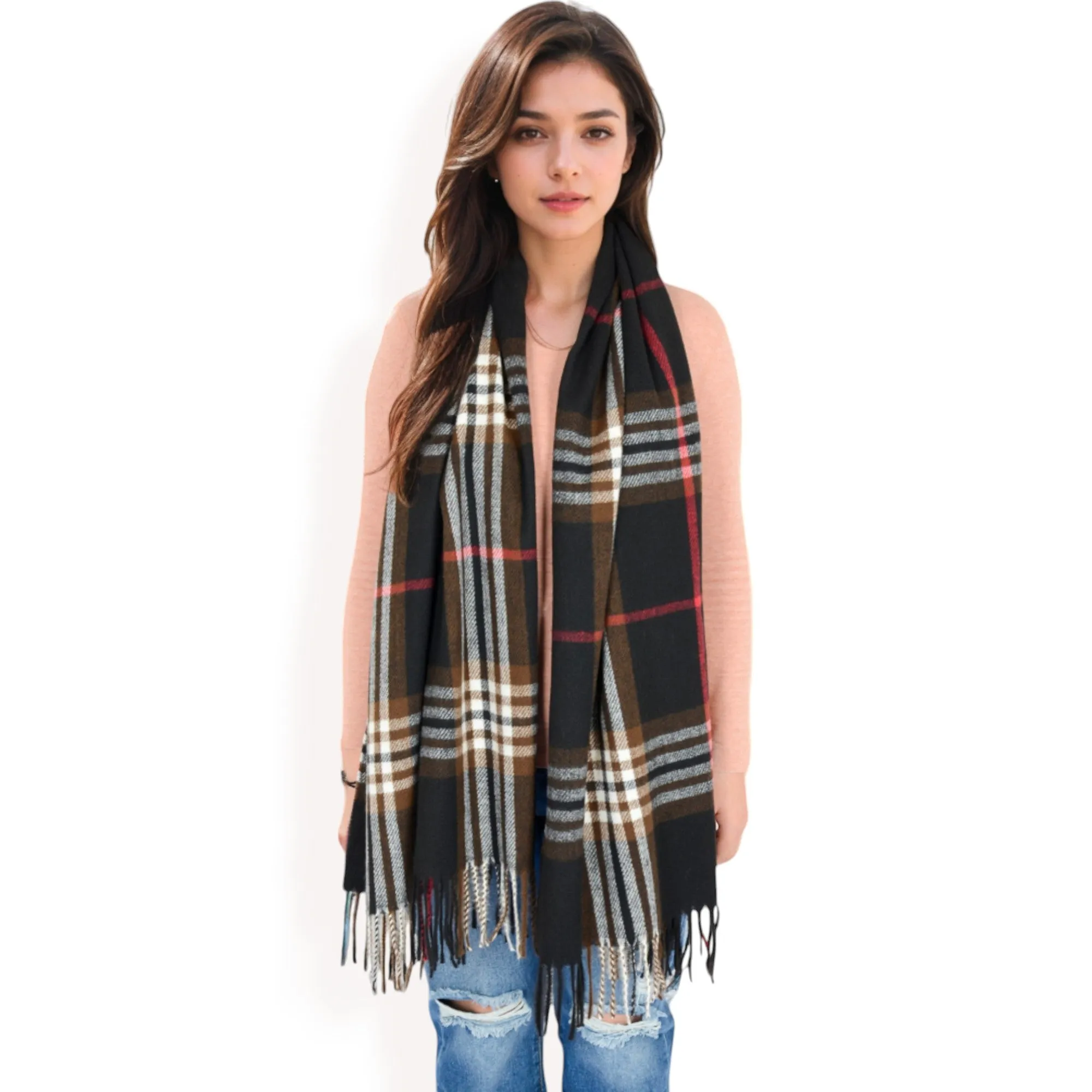 Anna-Kaci Women's Plaid Pattern Scarf with Fringed Edges and Soft Lightweight Material for Year-Round Use