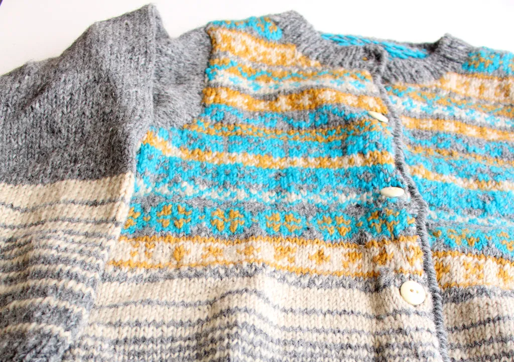 Aqua Blue and Mustard Lining Hand Knitted Pure Woolen Cardigan Sweater