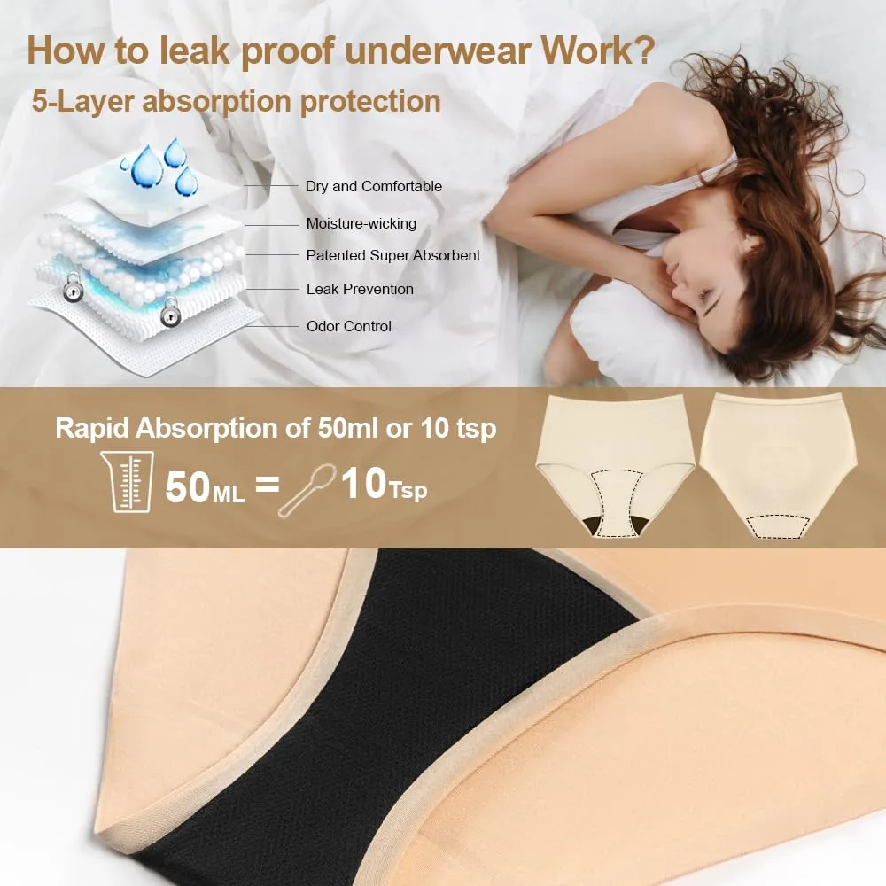 BATTEWA Incontinence Underwear for Women, Leak Proof Underwear Seamless Washable, High Absorbency Panties, Bladder Leak Underwear Protective Briefs 50ml,Beige,Large