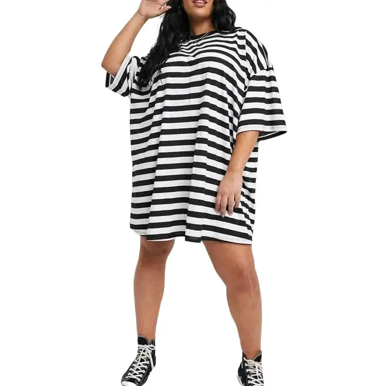 Black Striped Half Sleeve Baggy Dress