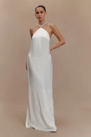 Blanche Satin Pearl Halter Maxi Dress - White