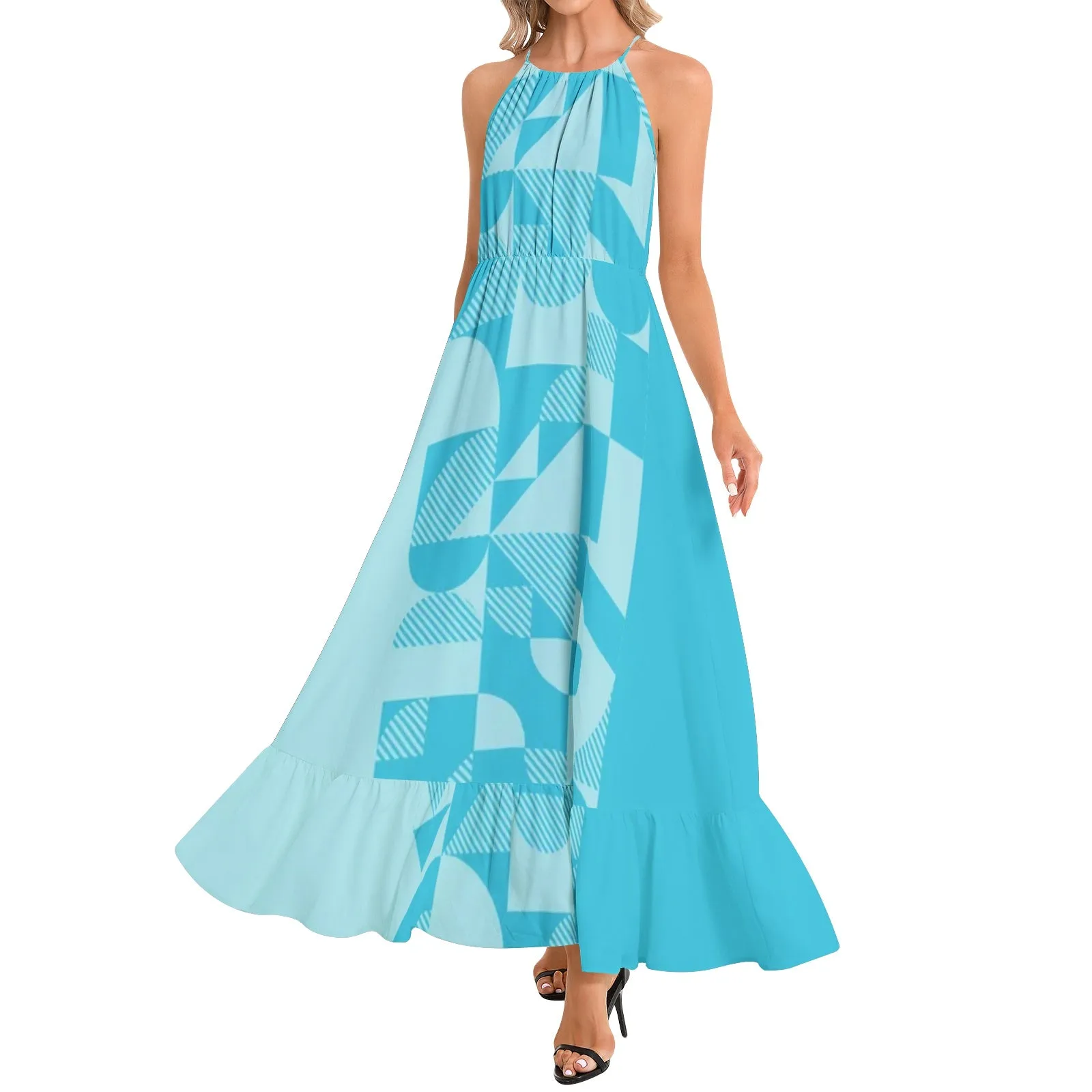 Blue Bauhaus Ruffle Hem Halter Neck Maxi Dress