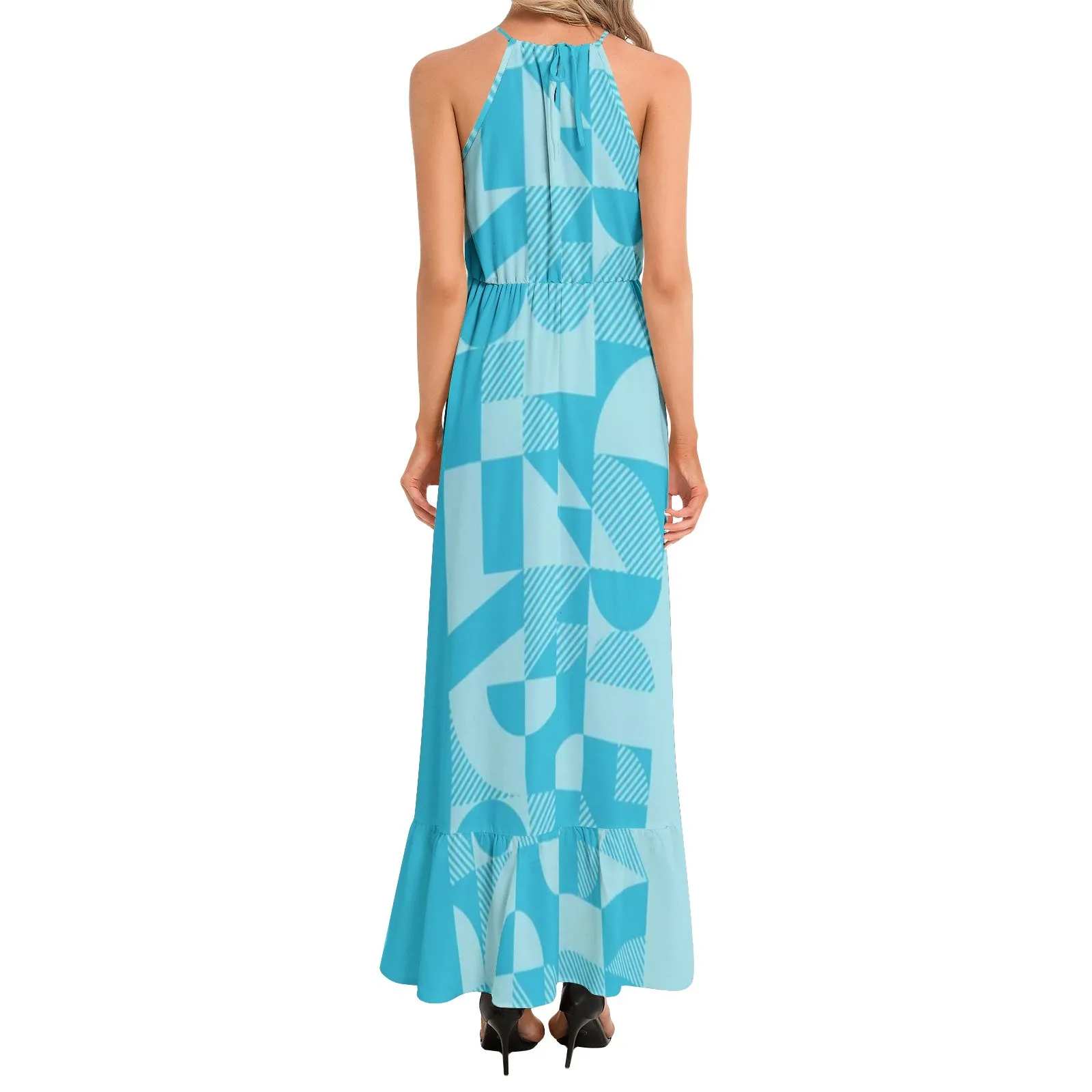 Blue Bauhaus Ruffle Hem Halter Neck Maxi Dress