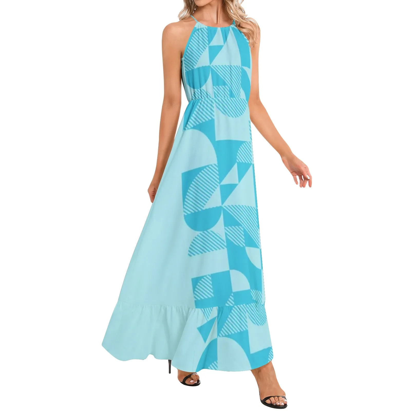 Blue Bauhaus Ruffle Hem Halter Neck Maxi Dress