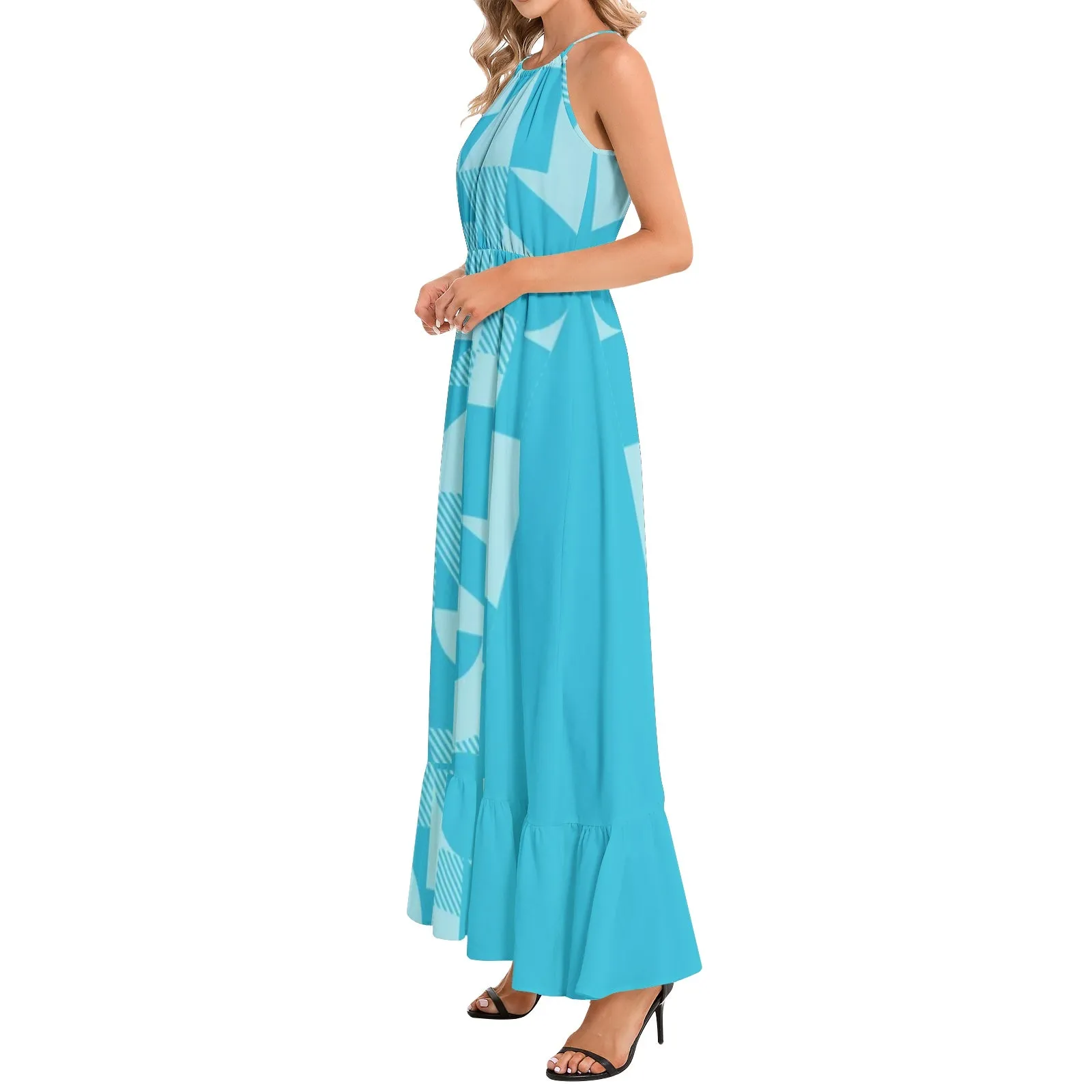 Blue Bauhaus Ruffle Hem Halter Neck Maxi Dress