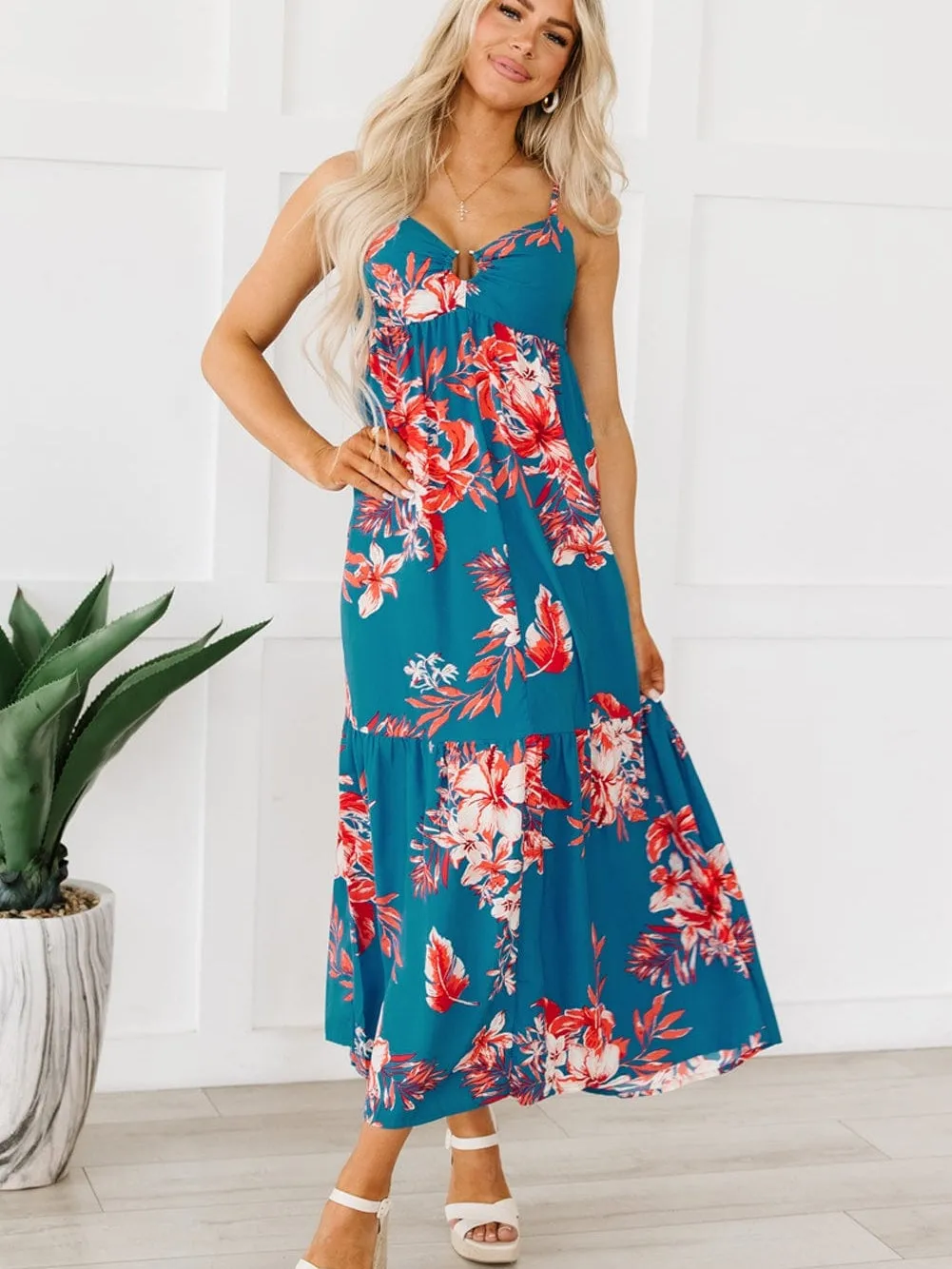 Blue Floral Print Strappy Backless Maxi Dress