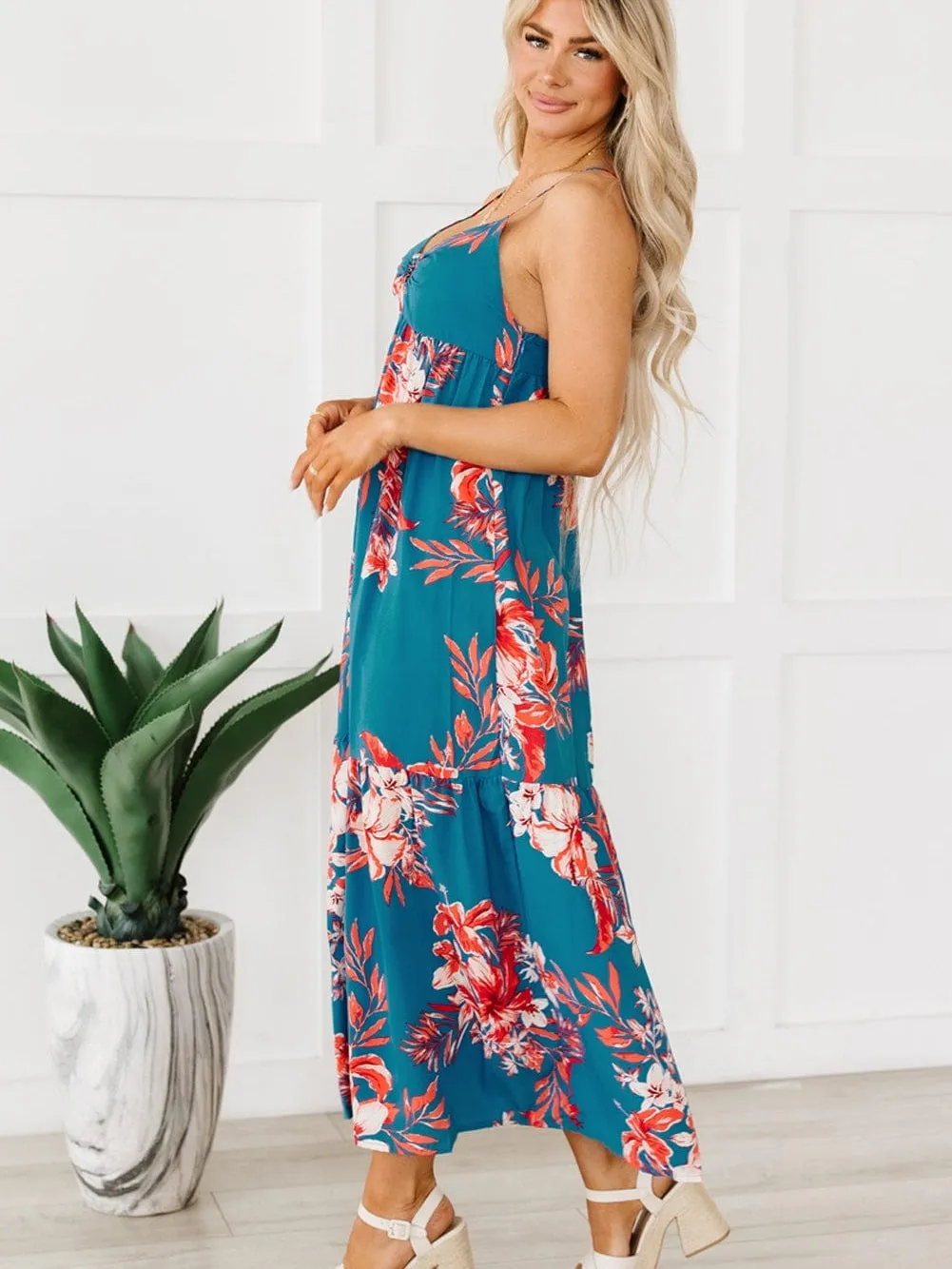 Blue Floral Print Strappy Backless Maxi Dress