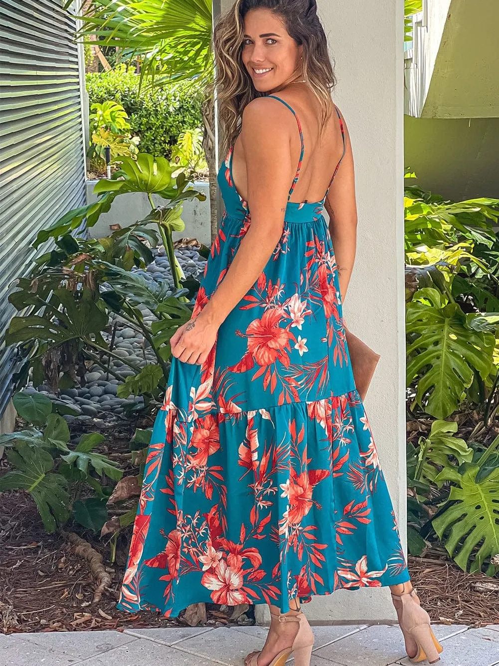 Blue Floral Print Strappy Backless Maxi Dress