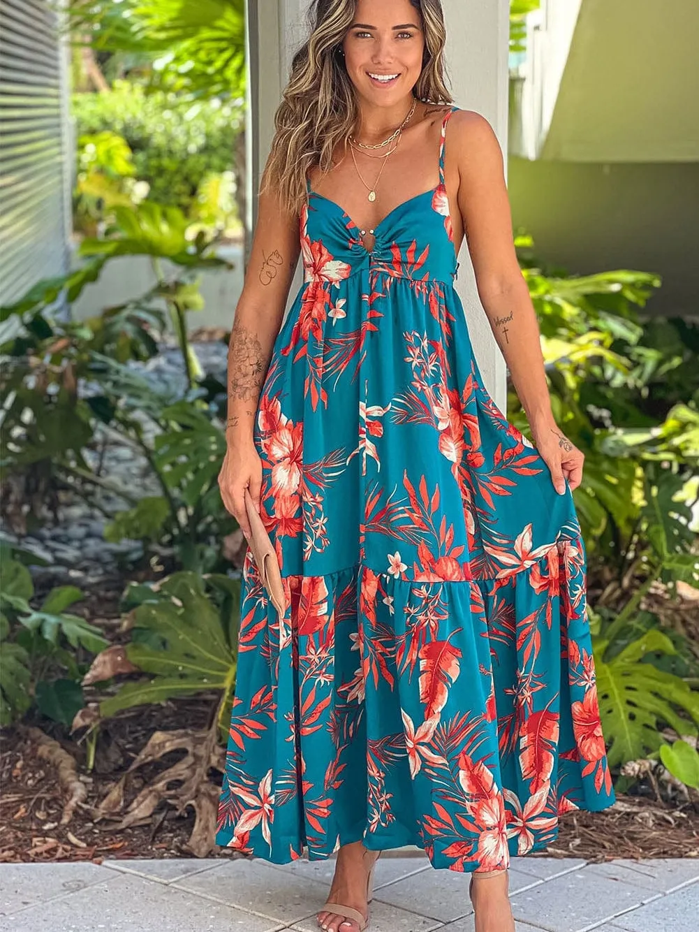 Blue Floral Print Strappy Backless Maxi Dress