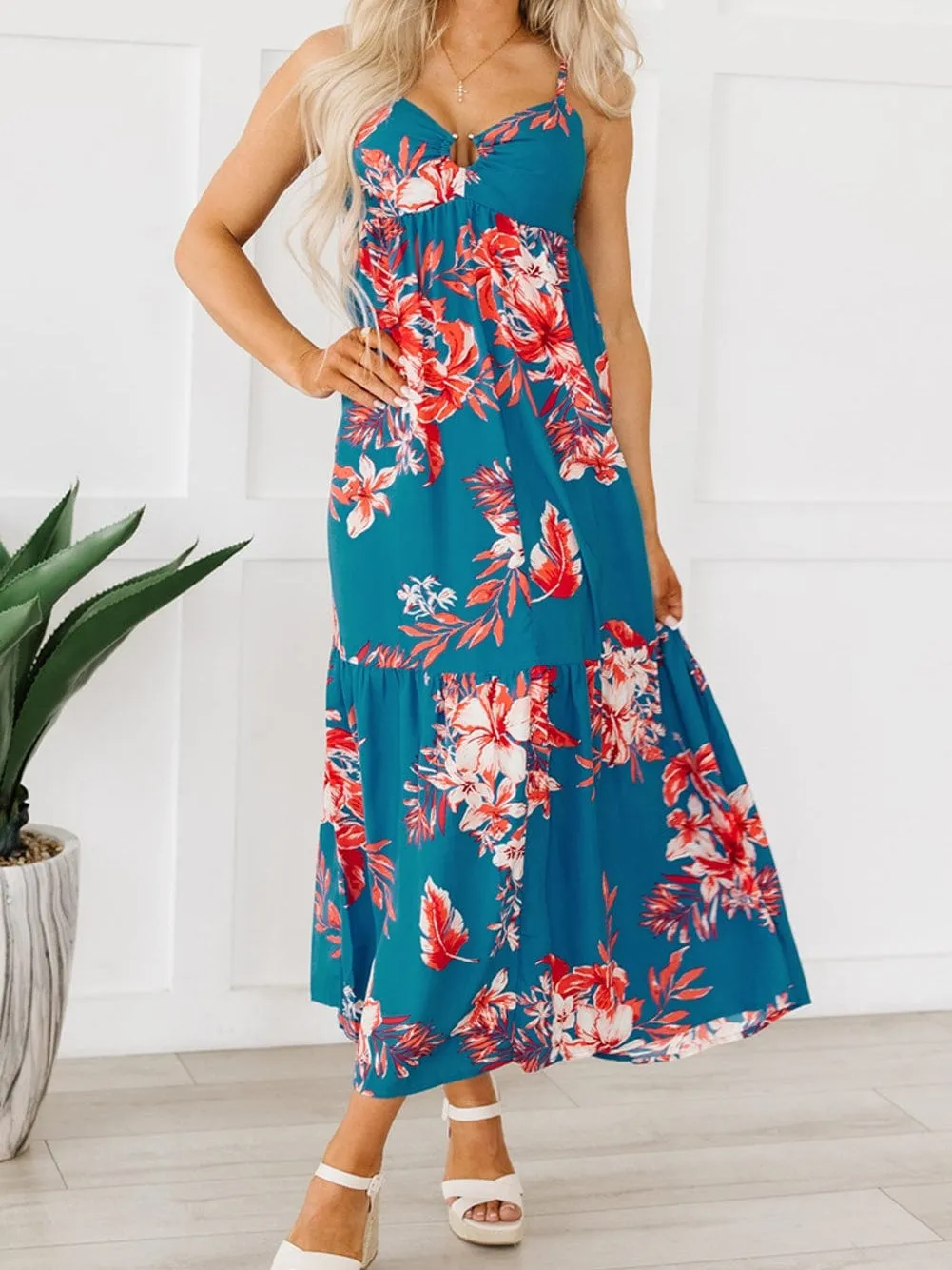 Blue Floral Print Strappy Backless Maxi Dress