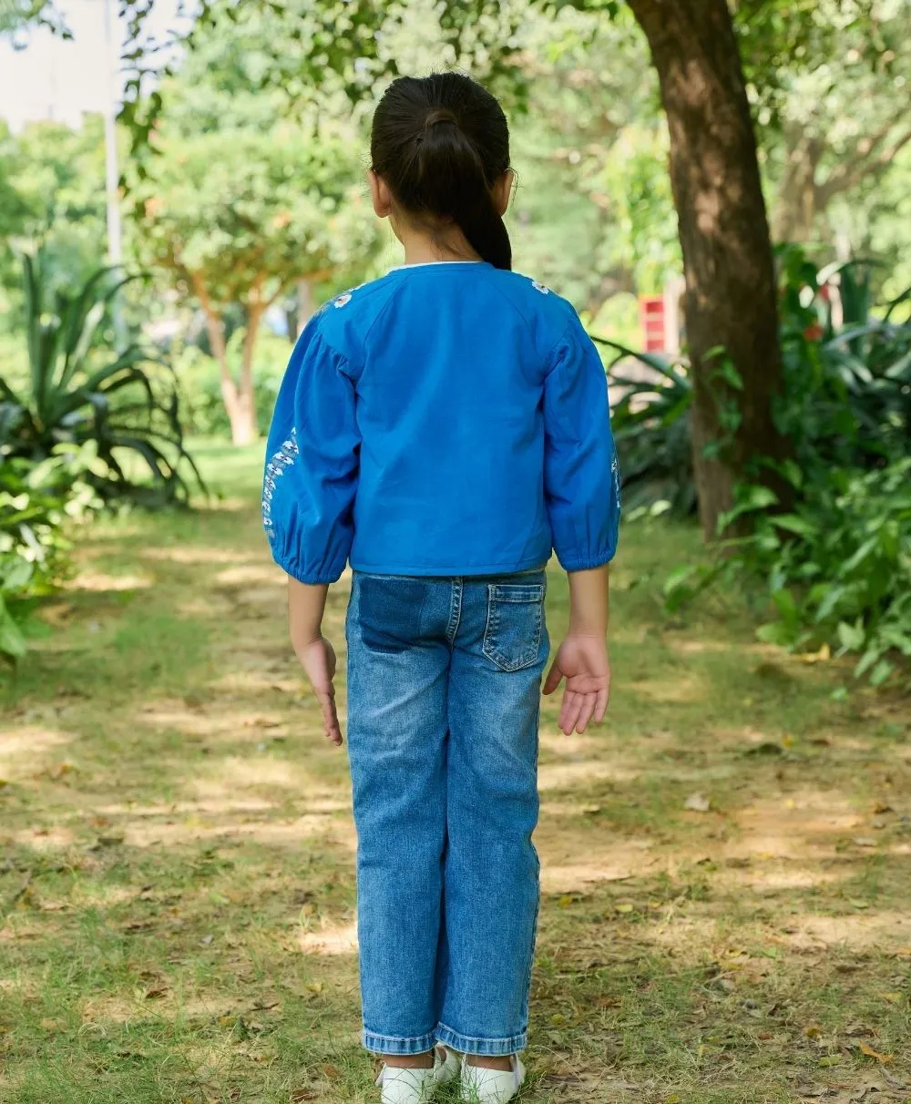 Blue Kimono Cotton Poplin Jacket with Floral Embroidery