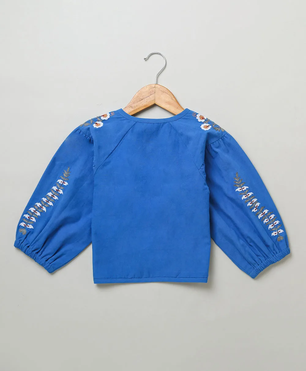 Blue Kimono Cotton Poplin Jacket with Floral Embroidery