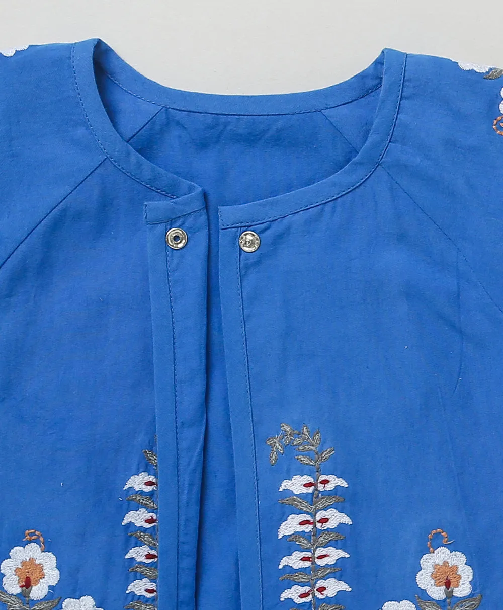 Blue Kimono Cotton Poplin Jacket with Floral Embroidery