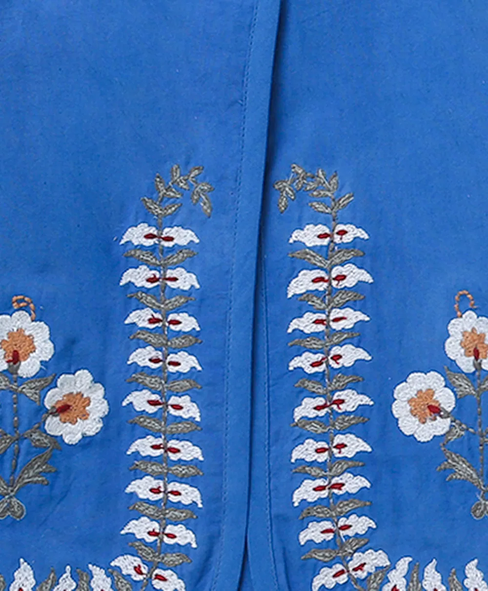 Blue Kimono Cotton Poplin Jacket with Floral Embroidery