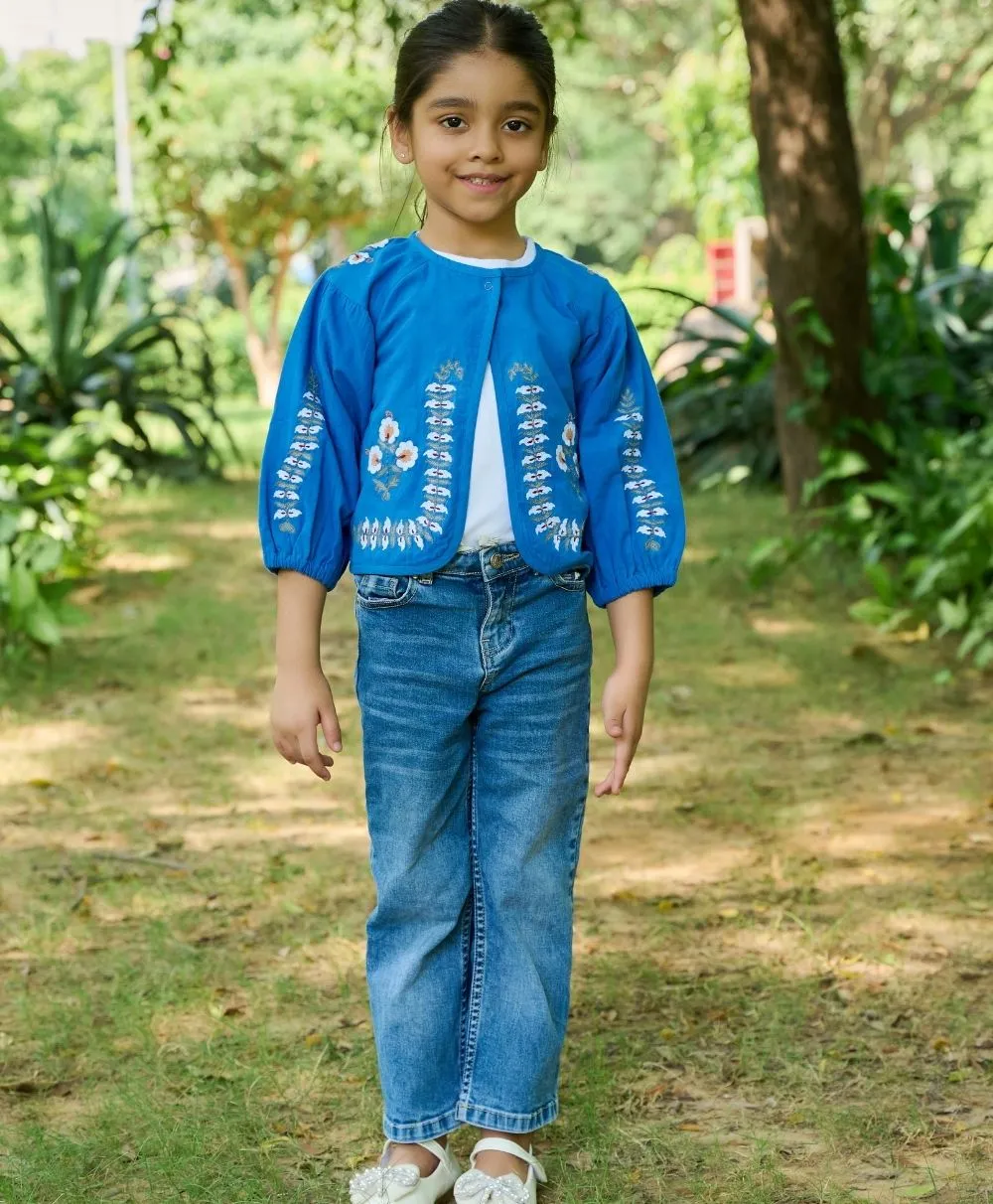 Blue Kimono Cotton Poplin Jacket with Floral Embroidery