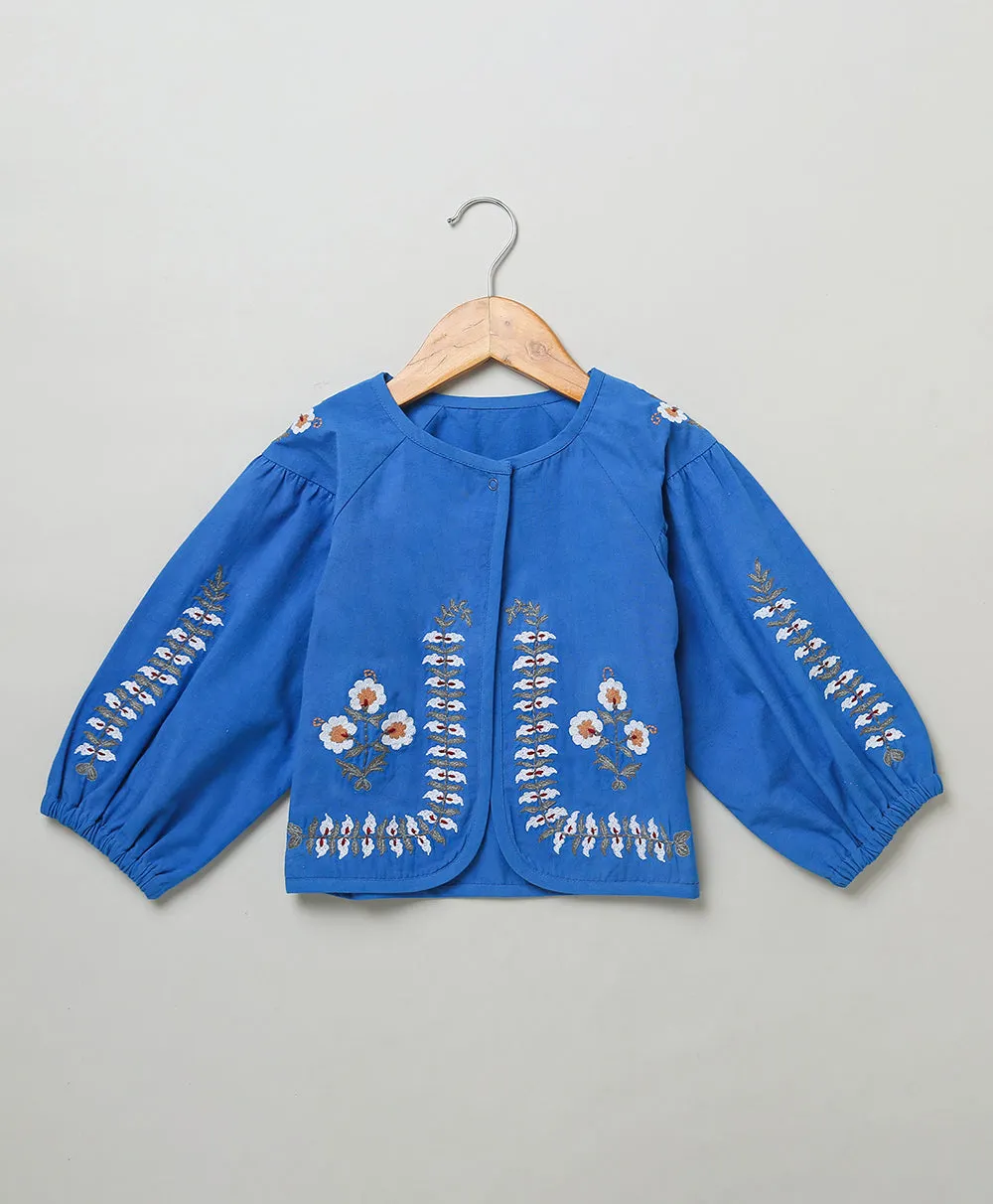 Blue Kimono Cotton Poplin Jacket with Floral Embroidery