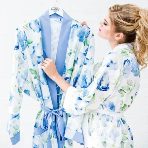 Blue Watercolor Floral Silky Kimono Robe on Blue Small