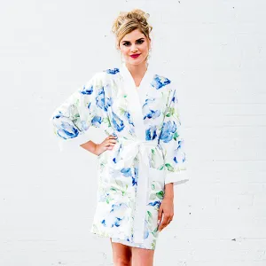 Blue Watercolor Floral Silky Kimono Robe on White Medium