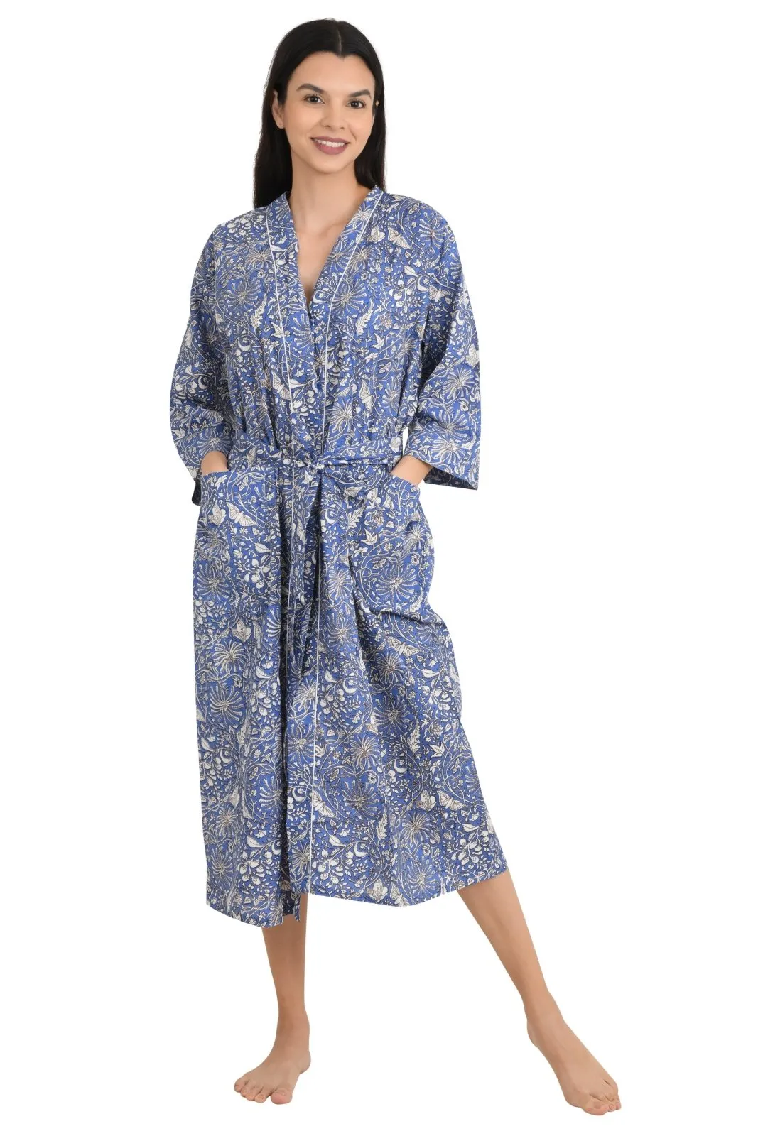 Boho Cotton Kimono House Robe Indian Handprinted Batterfly Floral Print Pattern | Lightweight Summer Luxury Beach Holidays Yacht Cover Up Stunning Dress