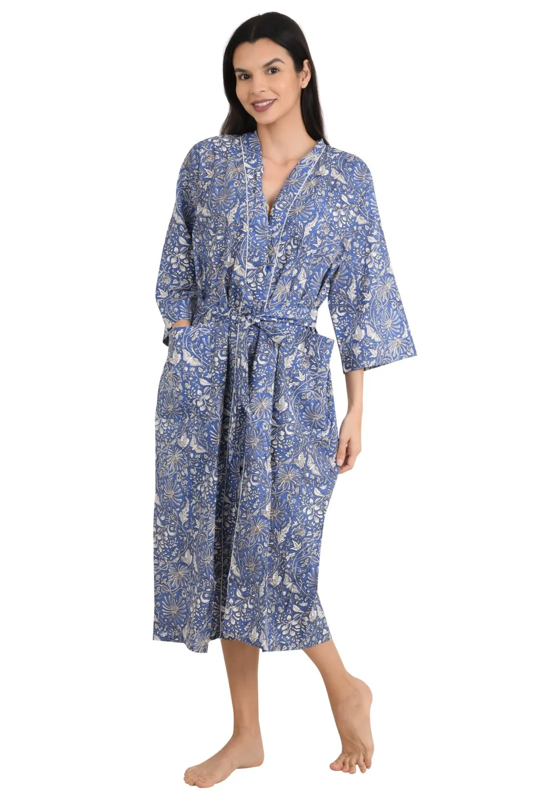 Boho Cotton Kimono House Robe Indian Handprinted Batterfly Floral Print Pattern | Lightweight Summer Luxury Beach Holidays Yacht Cover Up Stunning Dress