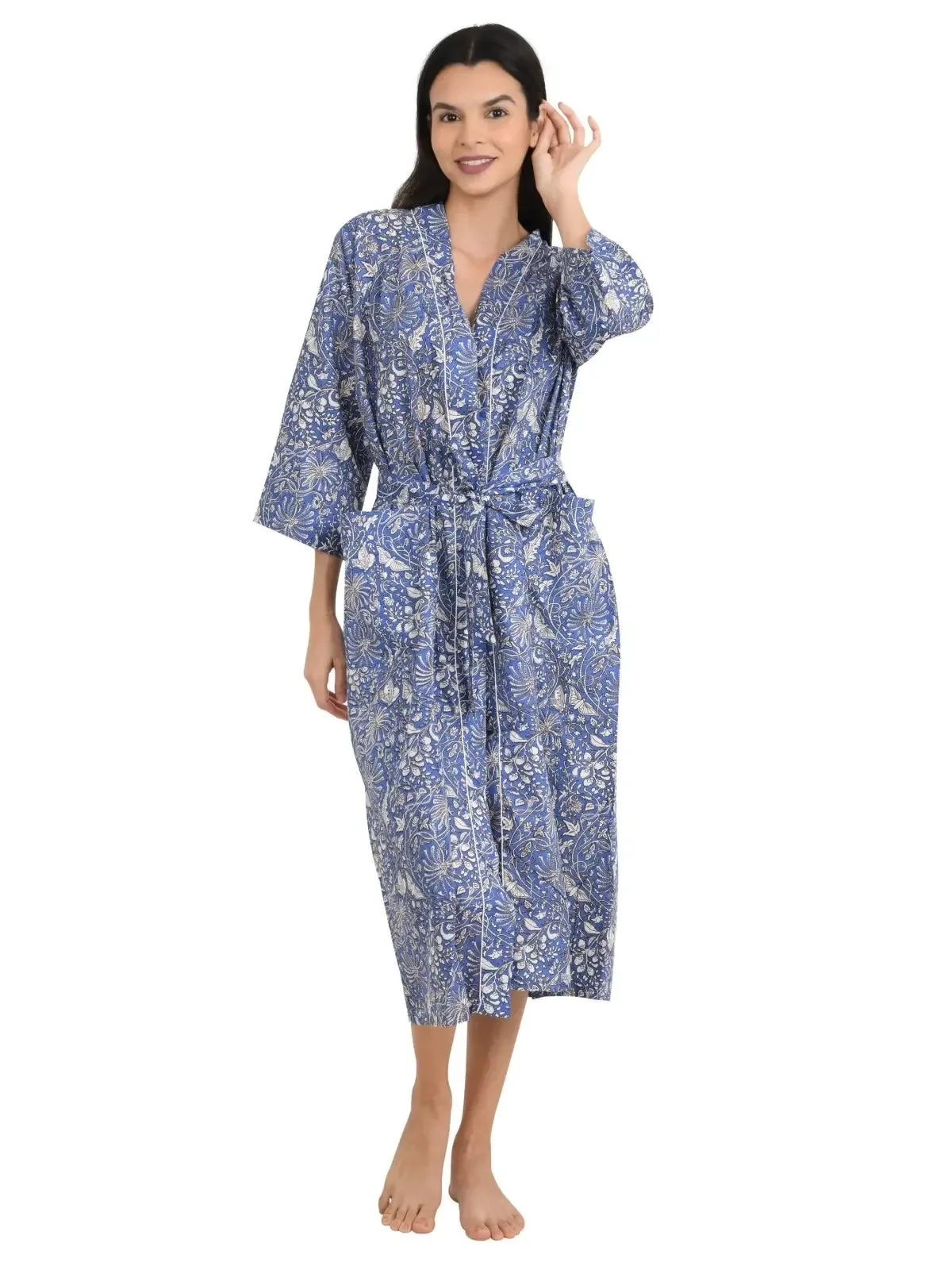 Boho Cotton Kimono House Robe Indian Handprinted Batterfly Floral Print Pattern | Lightweight Summer Luxury Beach Holidays Yacht Cover Up Stunning Dress