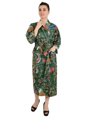 Boho Cotton Kimono House Robe Indian Handprinted Botanical Print Pattern | Lightweight Summer Luxury Beach Holidays Yacht Cover Up Stunning Dress