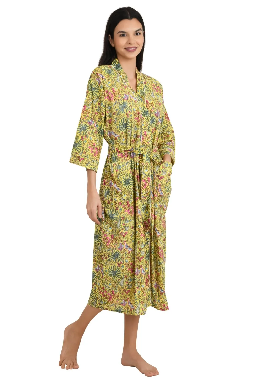 Boho Cotton Kimono House Robe Indian Handprinted Butterfly Print Pattern | Lightweight Summer Luxury Beach Holidays Yacht Cover Up Stunning Dress