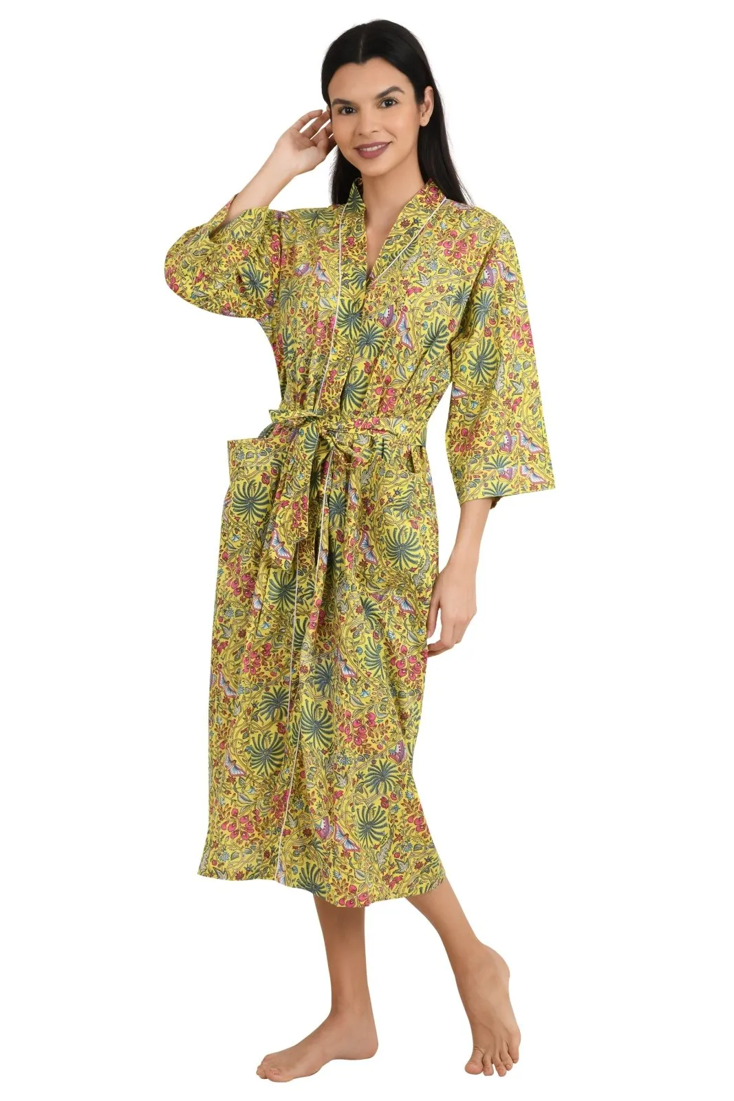 Boho Cotton Kimono House Robe Indian Handprinted Butterfly Print Pattern | Lightweight Summer Luxury Beach Holidays Yacht Cover Up Stunning Dress