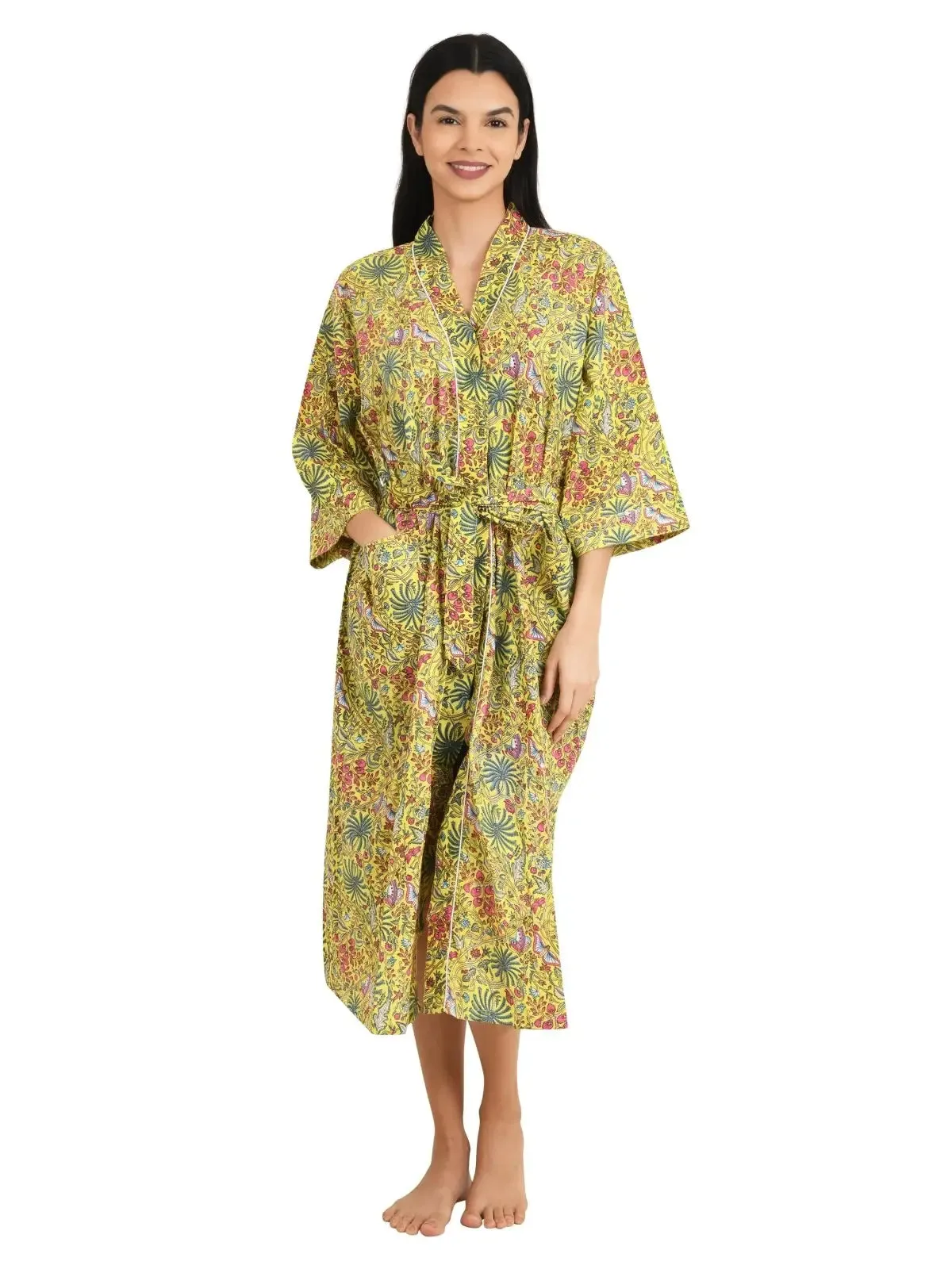 Boho Cotton Kimono House Robe Indian Handprinted Butterfly Print Pattern | Lightweight Summer Luxury Beach Holidays Yacht Cover Up Stunning Dress