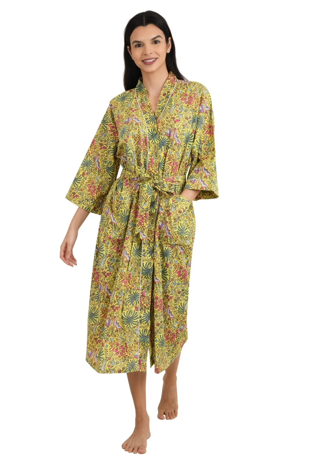 Boho Cotton Kimono House Robe Indian Handprinted Butterfly Print Pattern | Lightweight Summer Luxury Beach Holidays Yacht Cover Up Stunning Dress