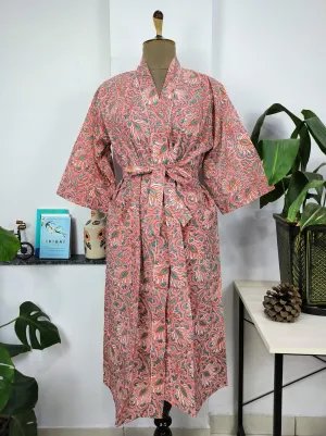 Boho Cotton Kimono House Robe Indian Handprinted Cherry Blossom Botanical | Lightweight Summer Luxury Beach Holiday Cover Up Stunning Dress