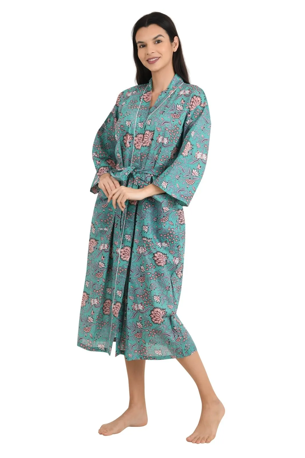 Boho Cotton Kimono House Robe Indian Handprinted Floral Print Pattern | Lightweight Summer Luxury Beach Holidays Yacht Cover Up Stunning Dress